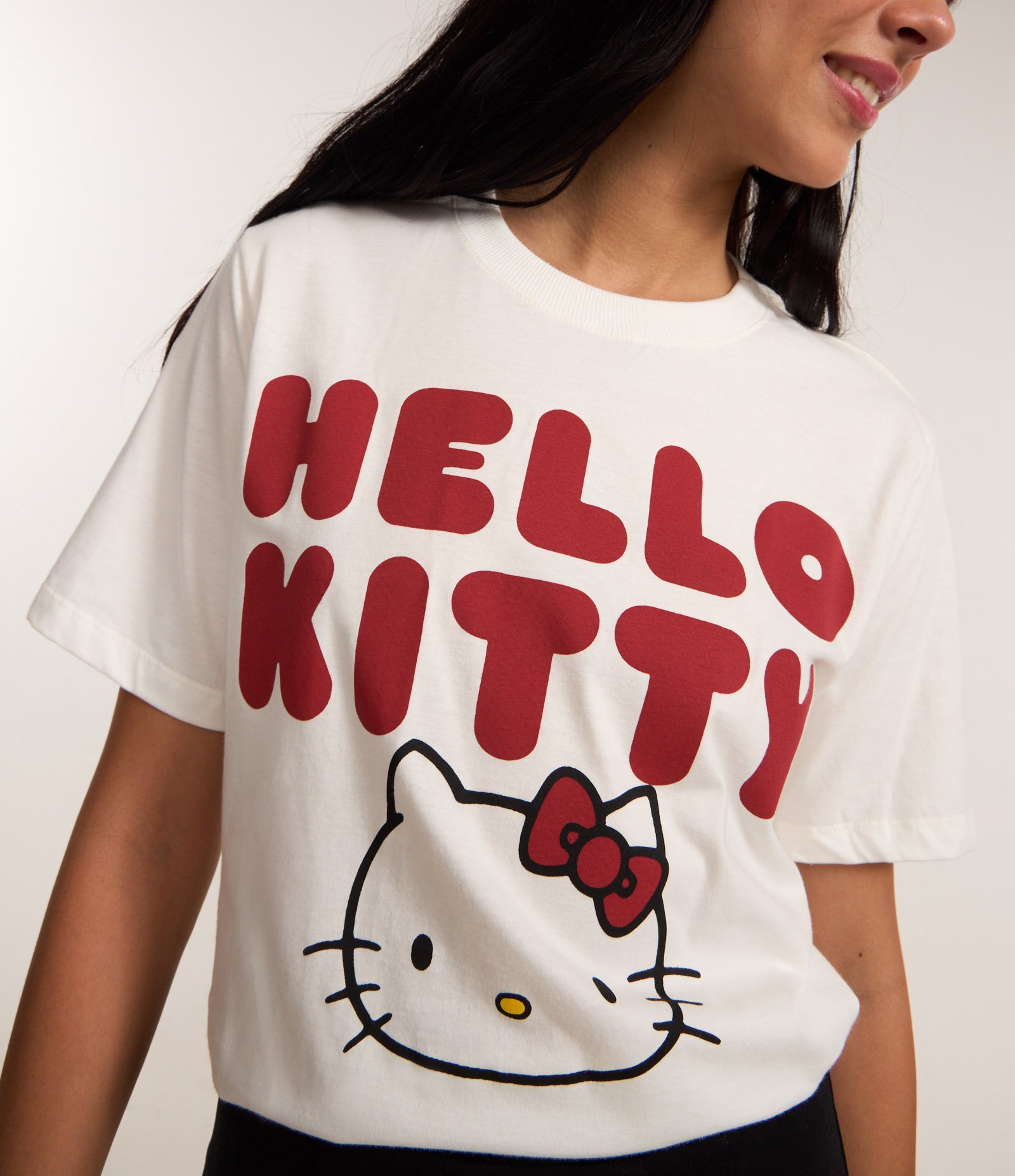 Camiseta Alongada em Algodão com Estampa Hello Kitty Branco 3