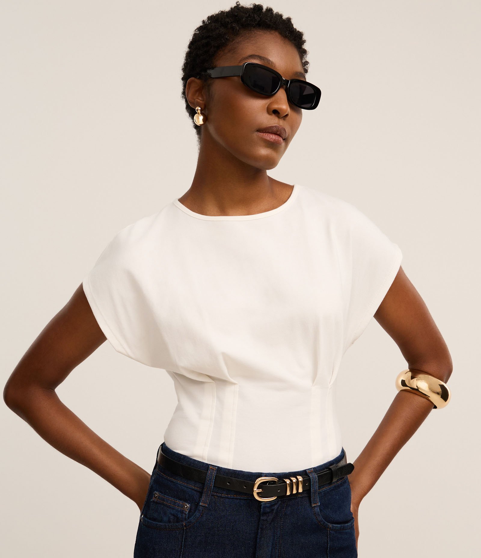 Blusa em Algodão com Pregas Frontais Corsetadas Branco 1