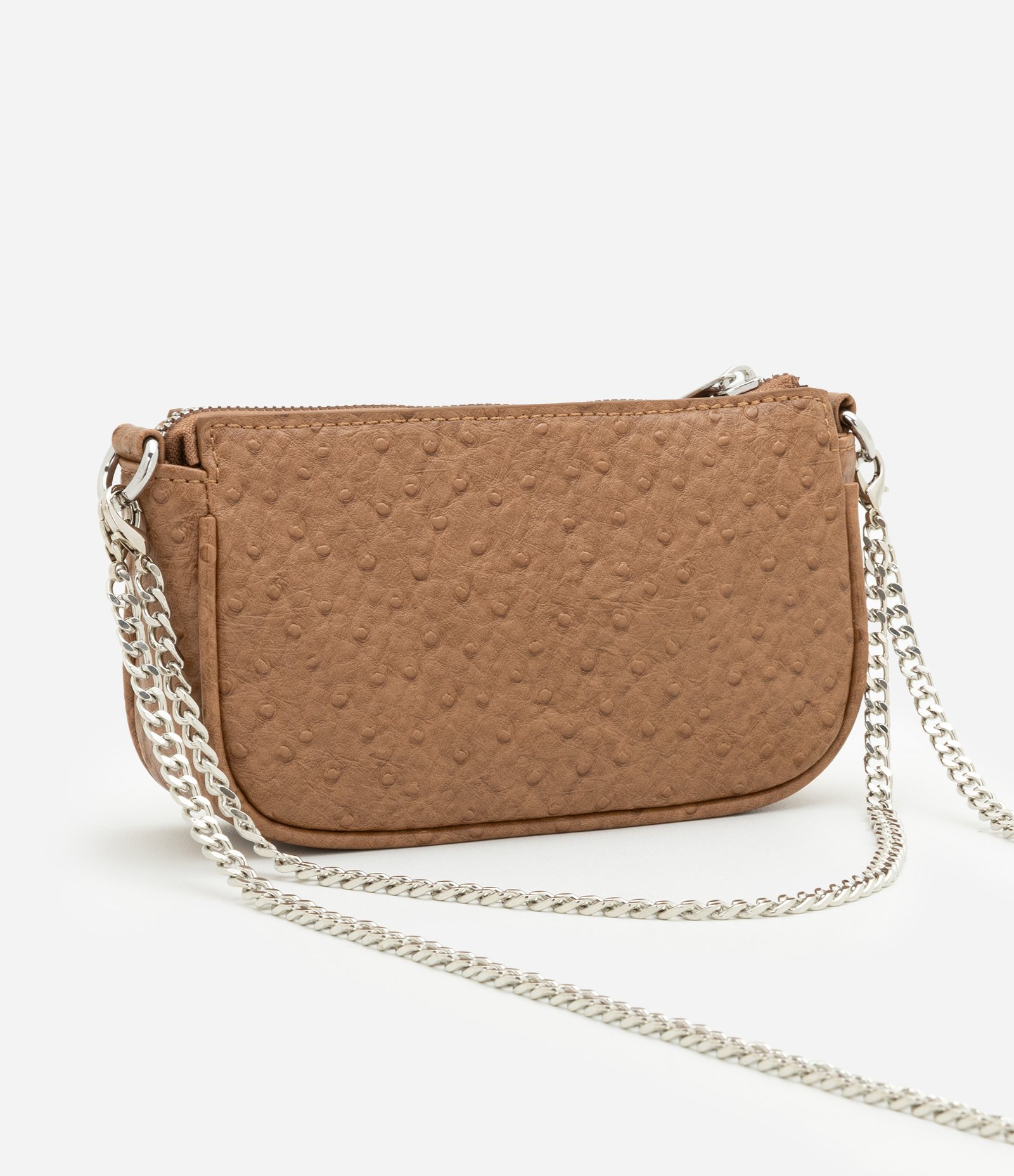 Bolsa Baguete Pequena em PU Texturizado com Alça Corrente Caramelo 3