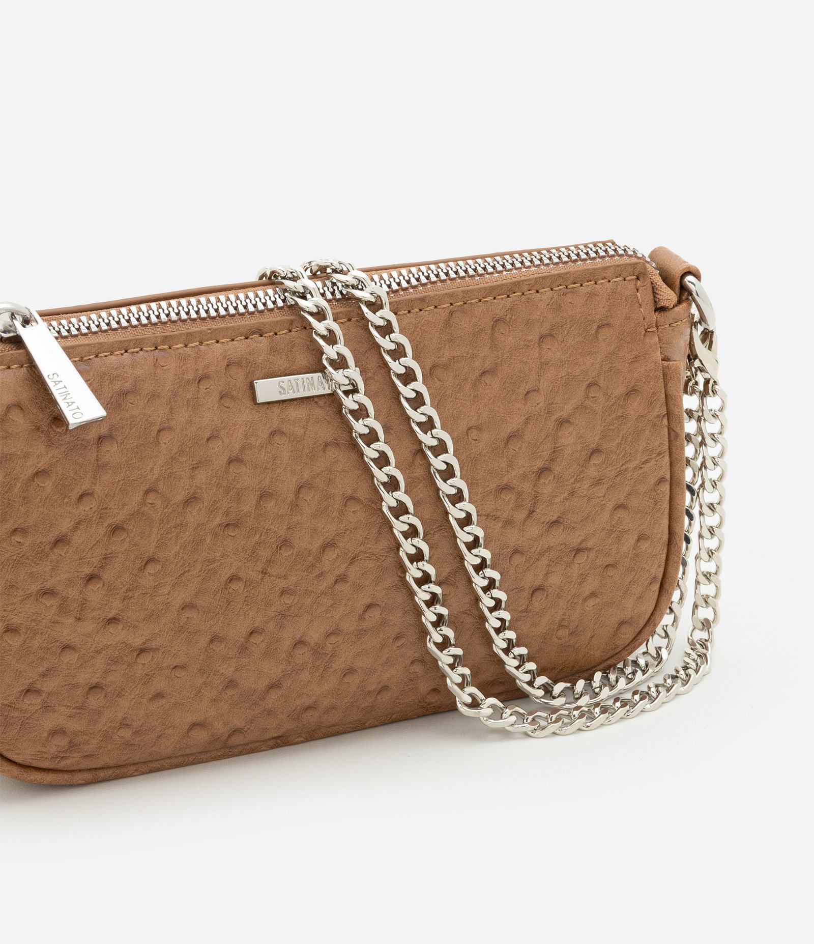 Bolsa Baguete Pequena em PU Texturizado com Alça Corrente Caramelo 4