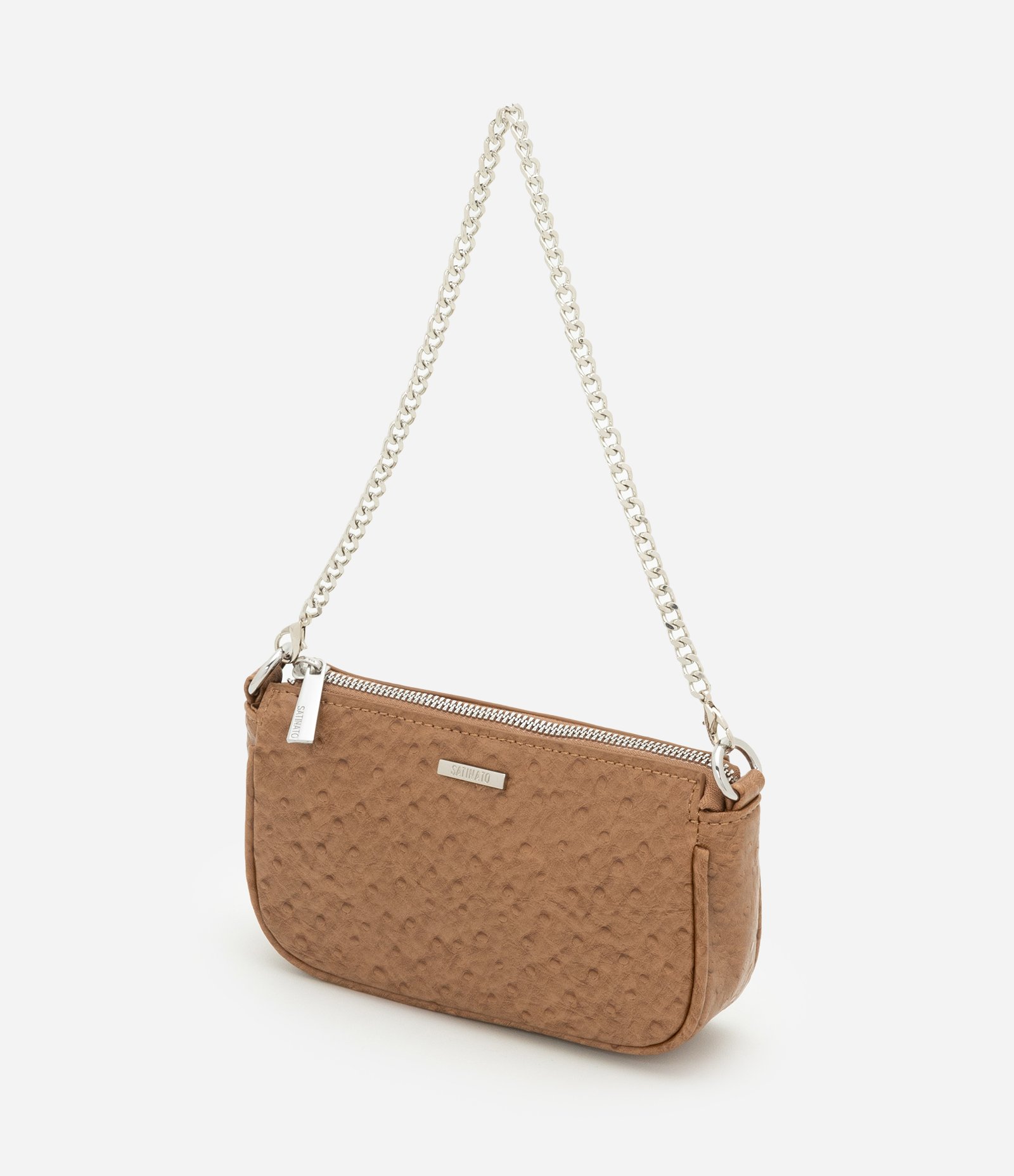 Bolsa Baguete Pequena em PU Texturizado com Alça Corrente Caramelo 5