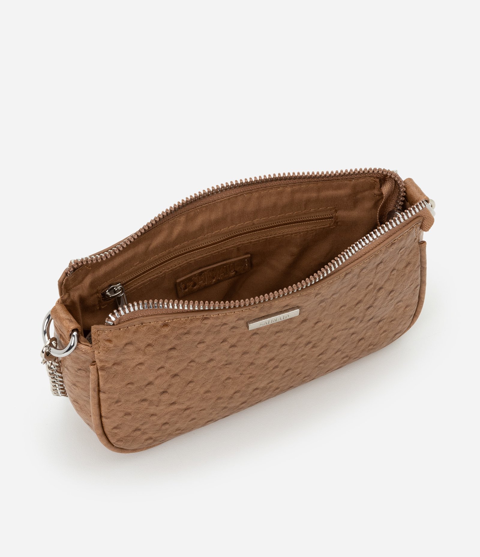 Bolsa Baguete Pequena em PU Texturizado com Alça Corrente Caramelo 6