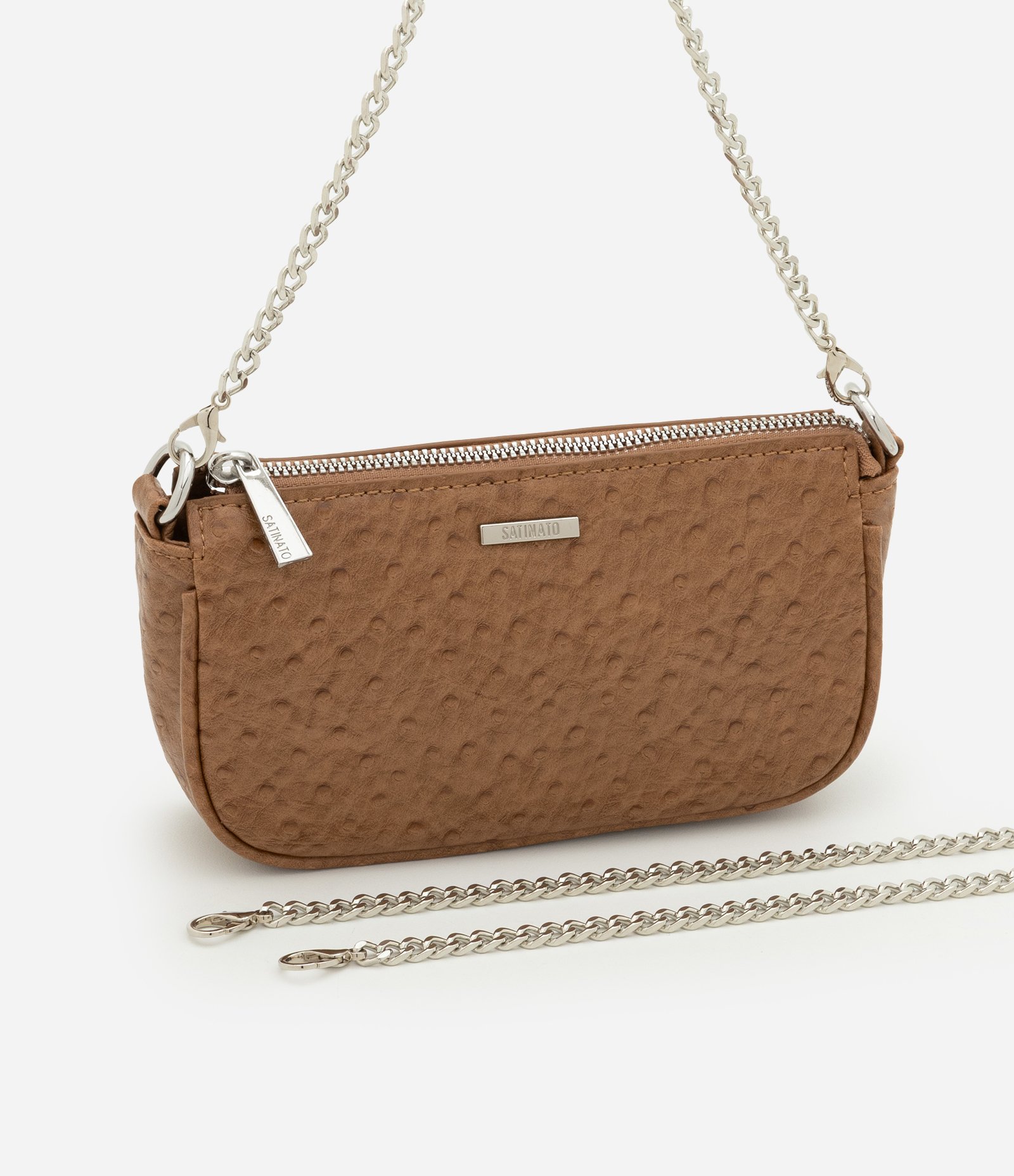 Bolsa Baguete Pequena em PU Texturizado com Alça Corrente Caramelo 7