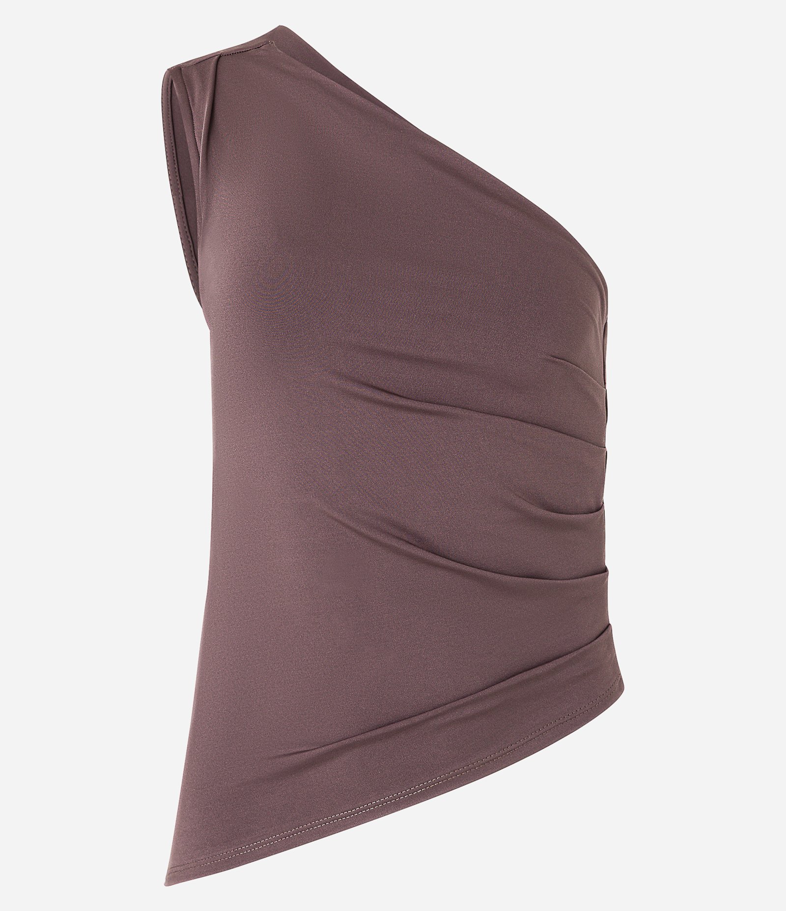 Blusa Ombro Só em Jersey com Barra Assimétrica e Franzidos Marrom 6