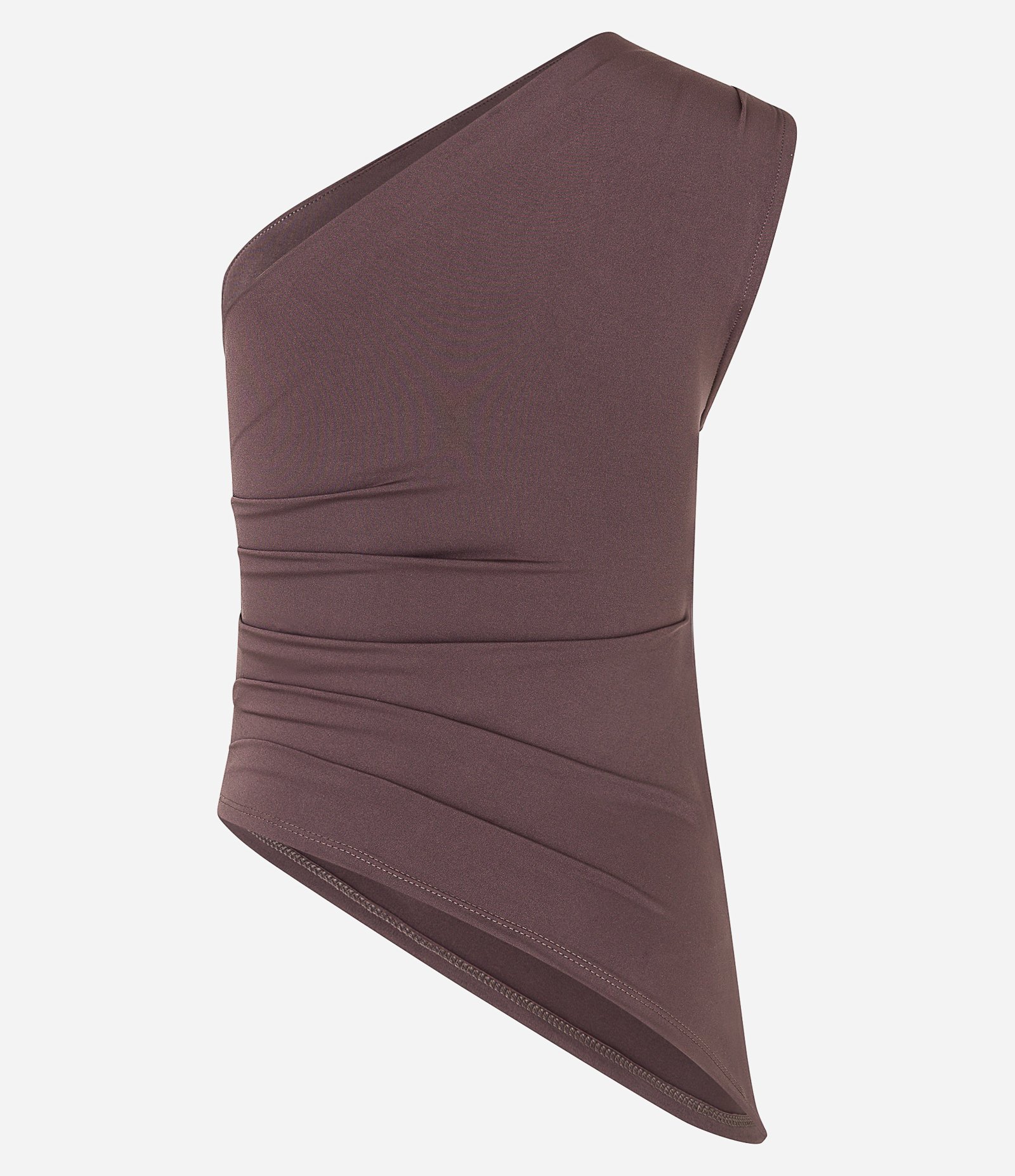Blusa Ombro Só em Jersey com Barra Assimétrica e Franzidos Marrom 7