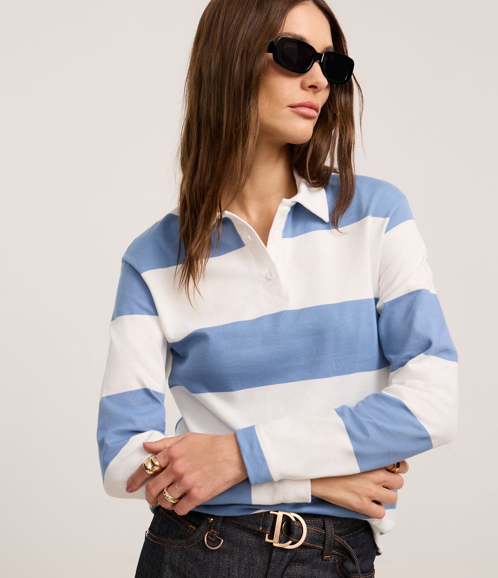 Blusa em Algodão com Gola Polo e Listras Largas Azul/Branco 1