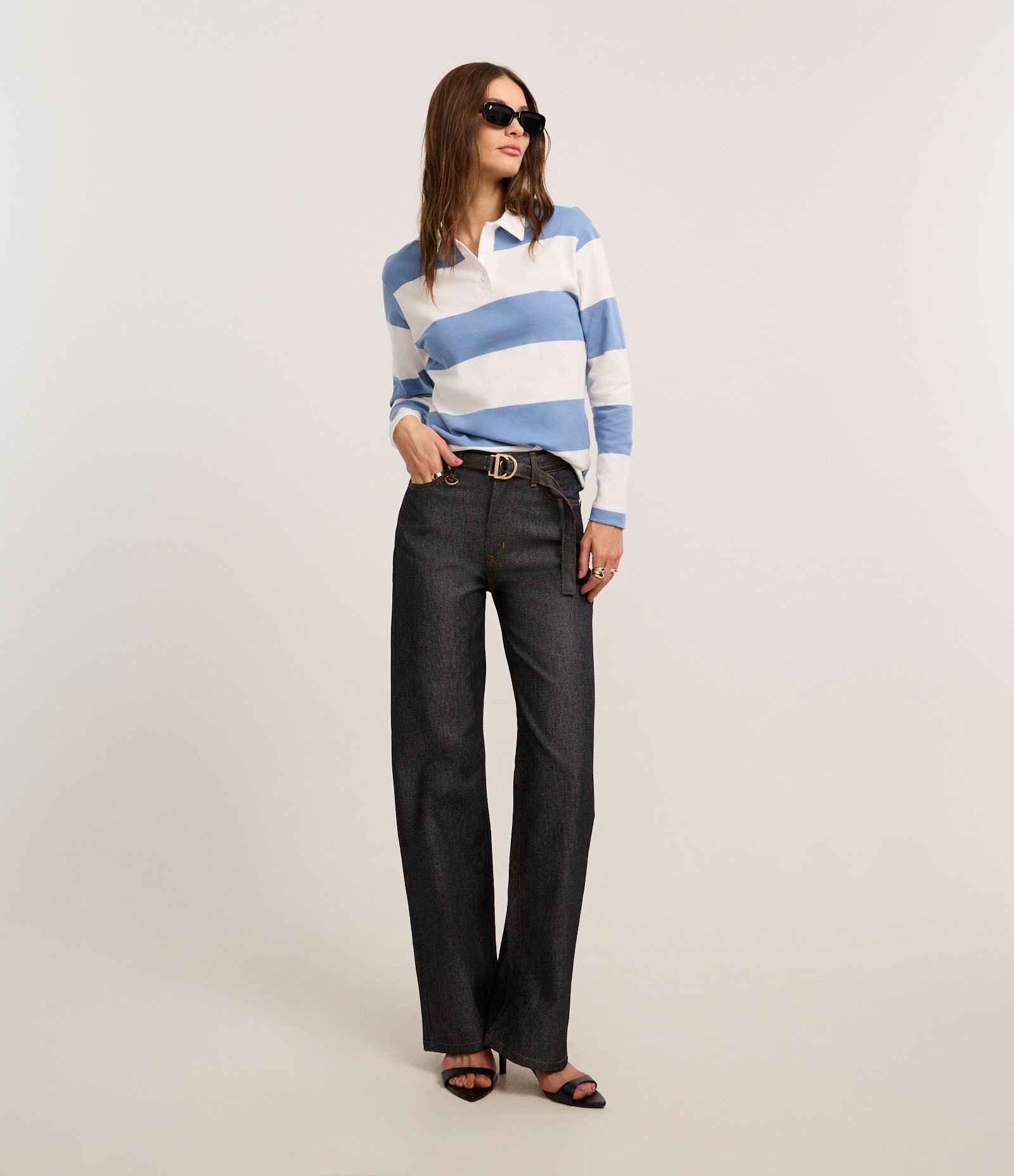 Blusa em Algodão com Gola Polo e Listras Largas Azul/Branco 2