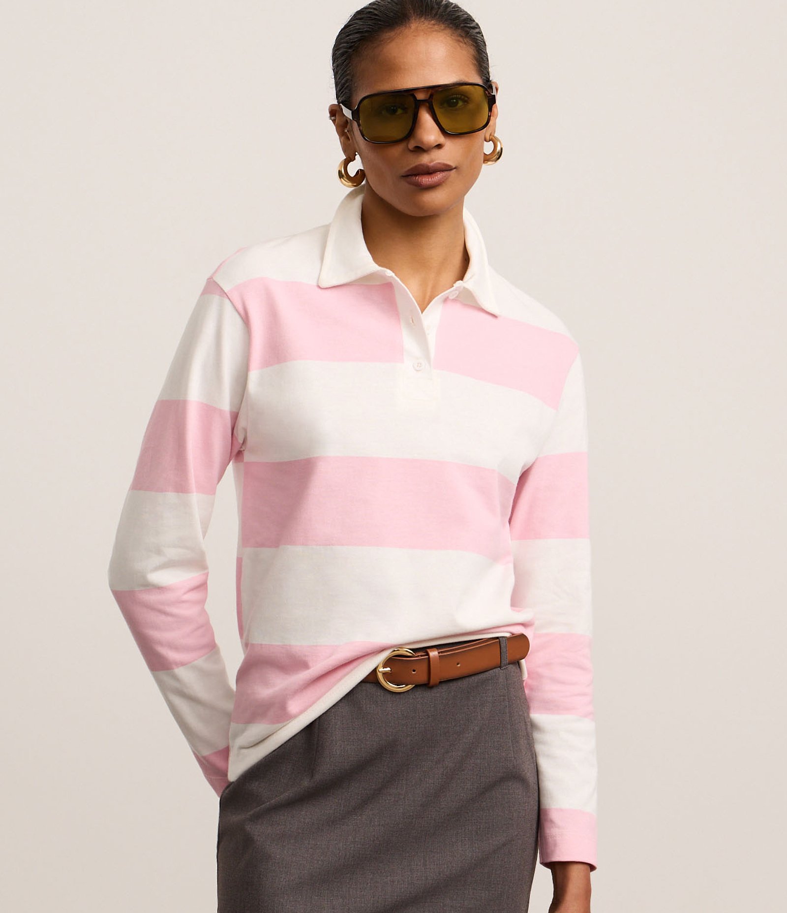 Blusa em Algodão com Gola Polo e Listras Largas Rosa/Branco 1