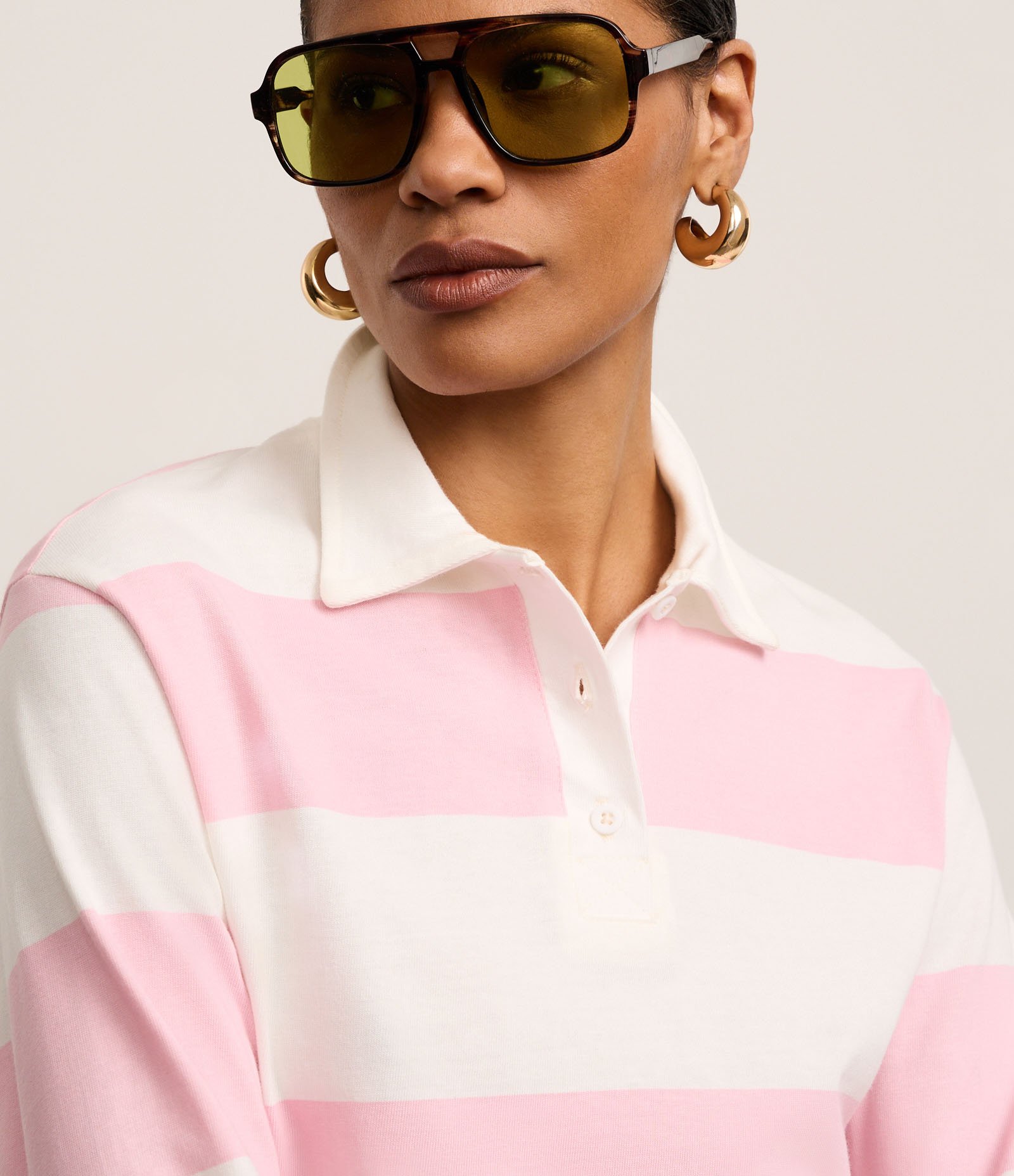 Blusa em Algodão com Gola Polo e Listras Largas Rosa/Branco 3