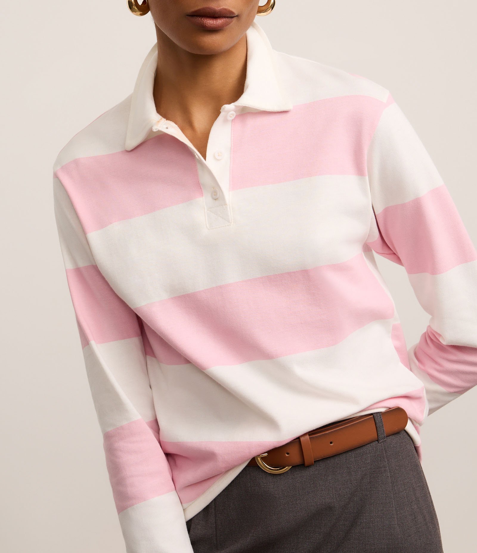 Blusa em Algodão com Gola Polo e Listras Largas Rosa/Branco 4