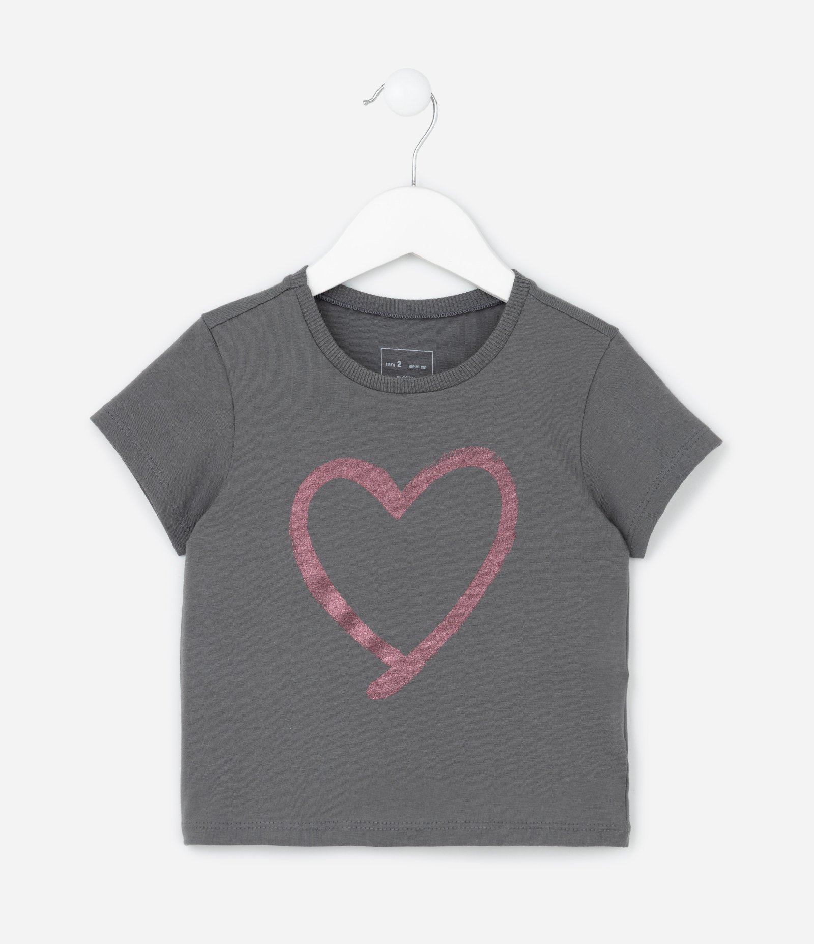 Camiseta Infantil com Estampa Coração em Foil - Tam 1 a 6 Anos Cinza 2