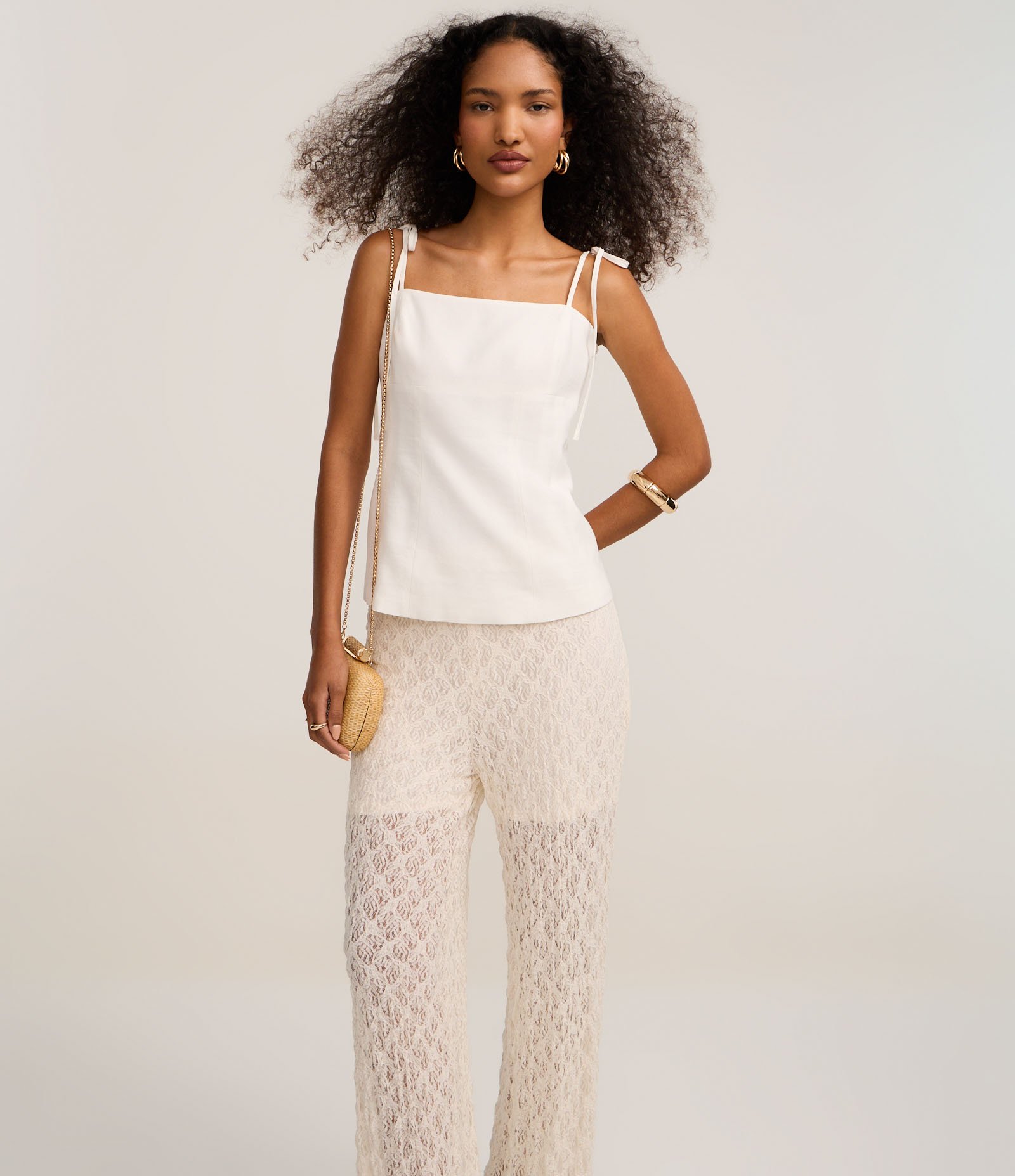 Calça Reta em Renda com Textura Diferenciada Off White 1