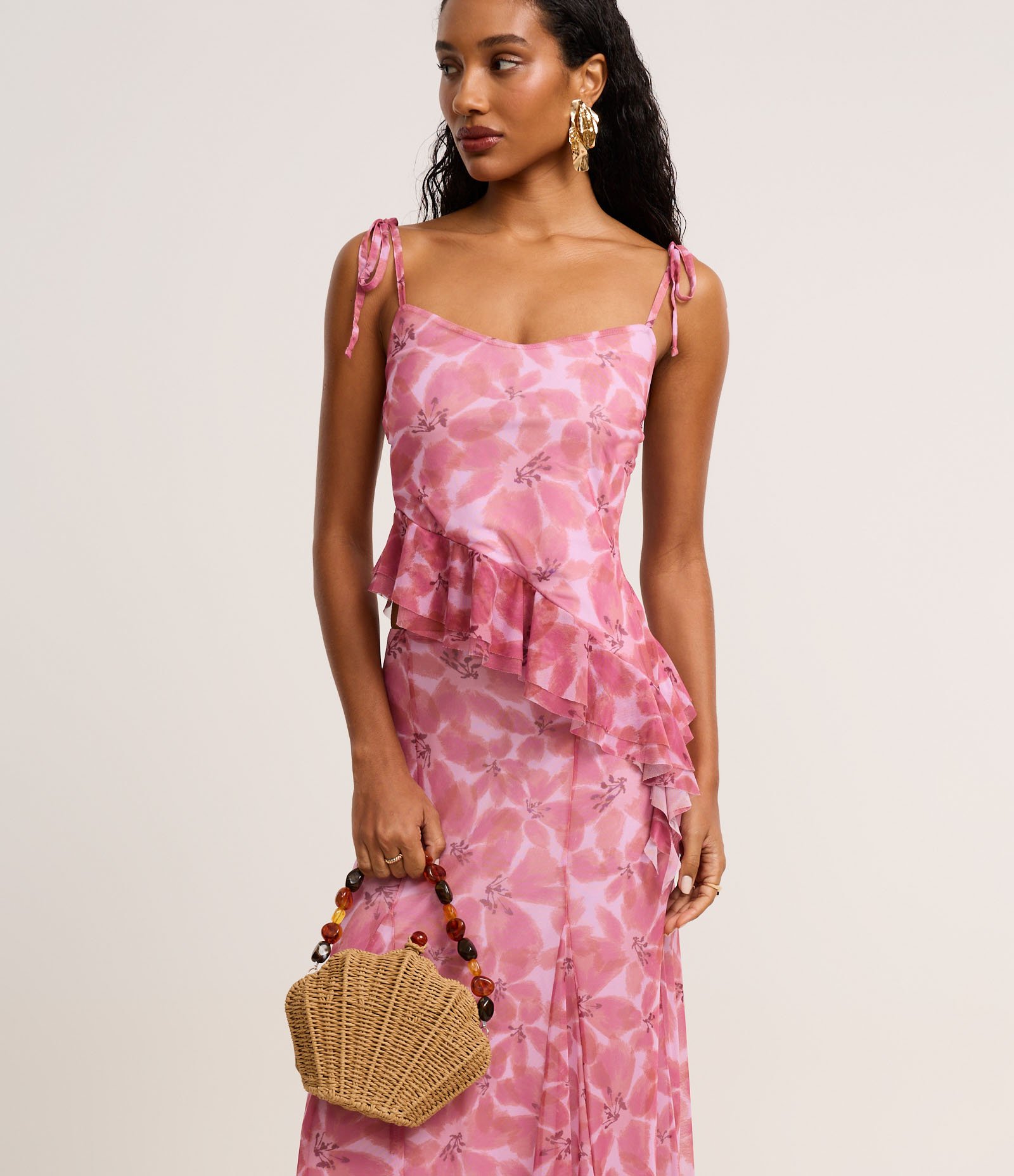 Saia Reta Midi em Tule com Nesgas e Estampa Floral Rosa 2