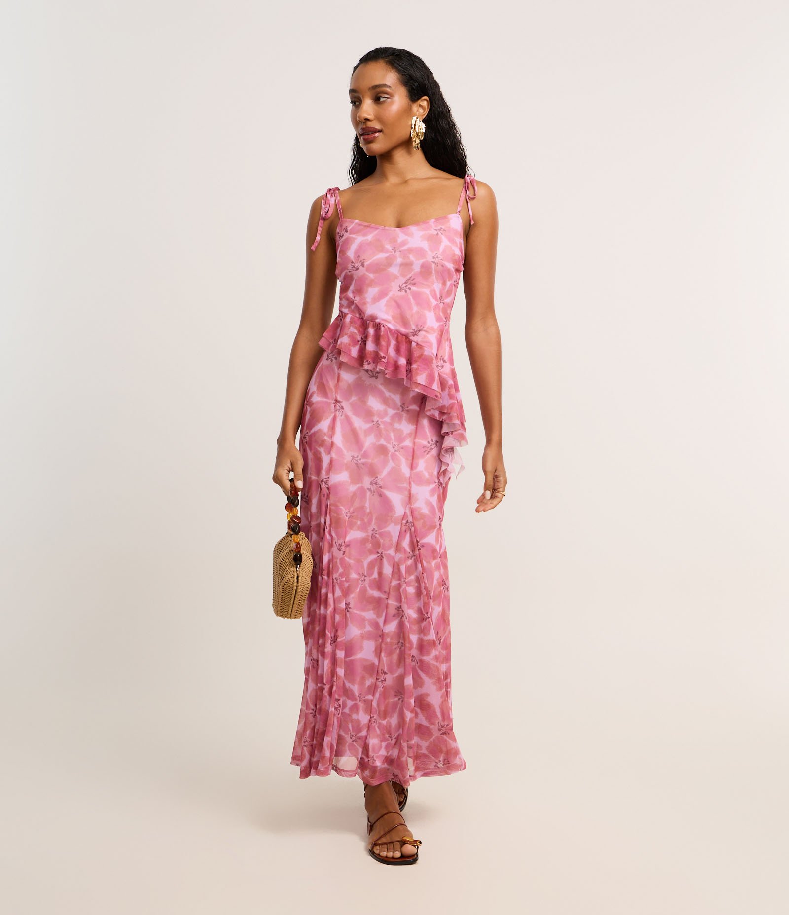 Saia Reta Midi em Tule com Nesgas e Estampa Floral Rosa 5
