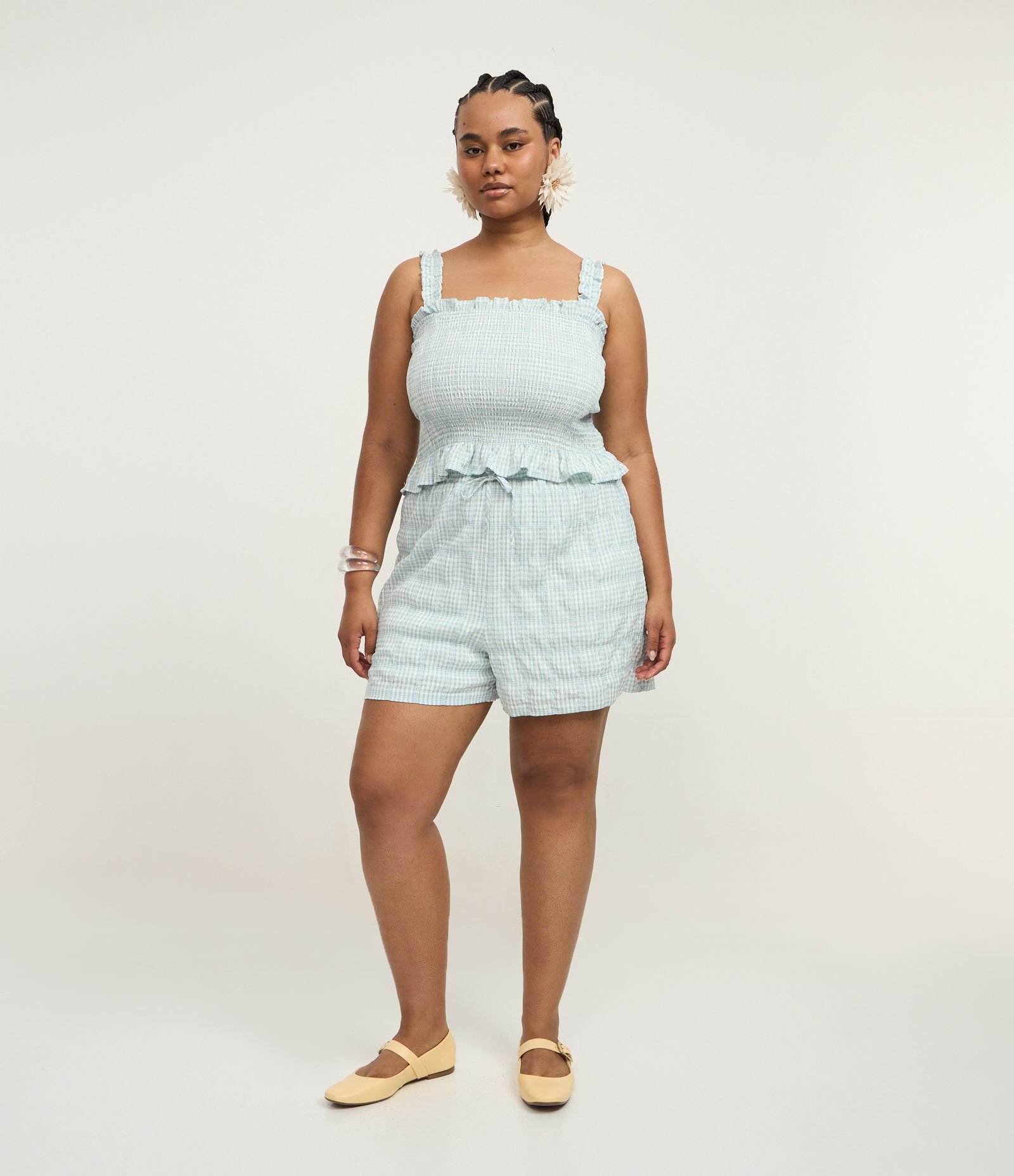 Blusa em Anarruga com Lastex e Estampa Xadrez Vichy Curve & Plus Size Azul 2