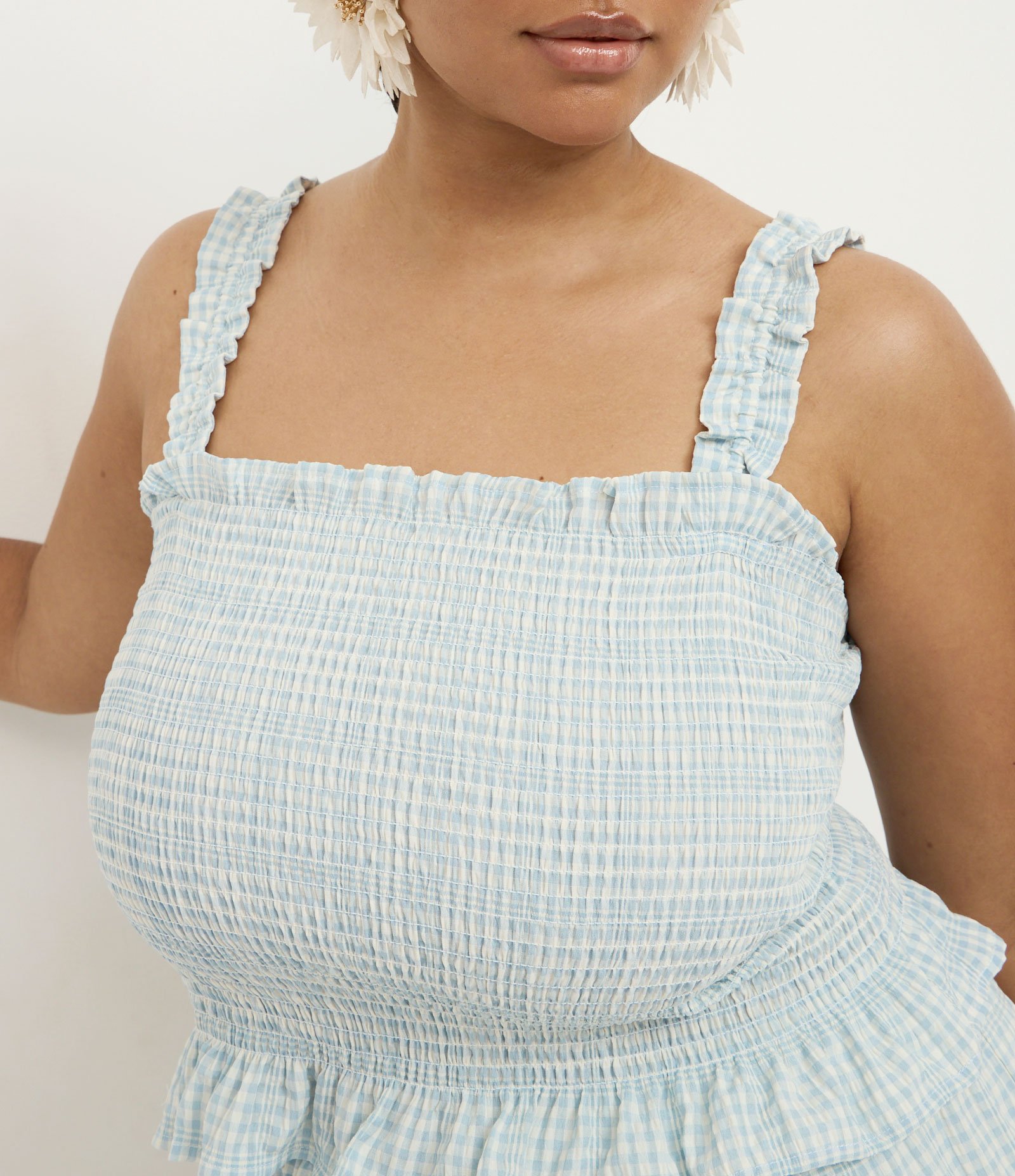 Blusa em Anarruga com Lastex e Estampa Xadrez Vichy Curve & Plus Size Azul 3