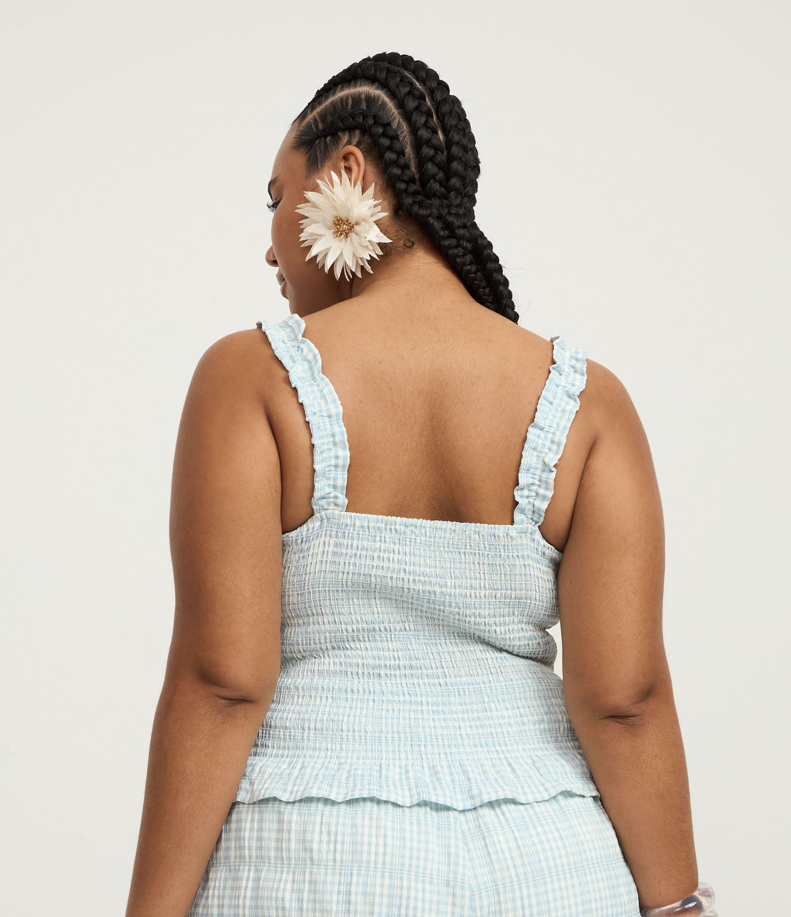 Blusa em Anarruga com Lastex e Estampa Xadrez Vichy Curve & Plus Size Azul 4