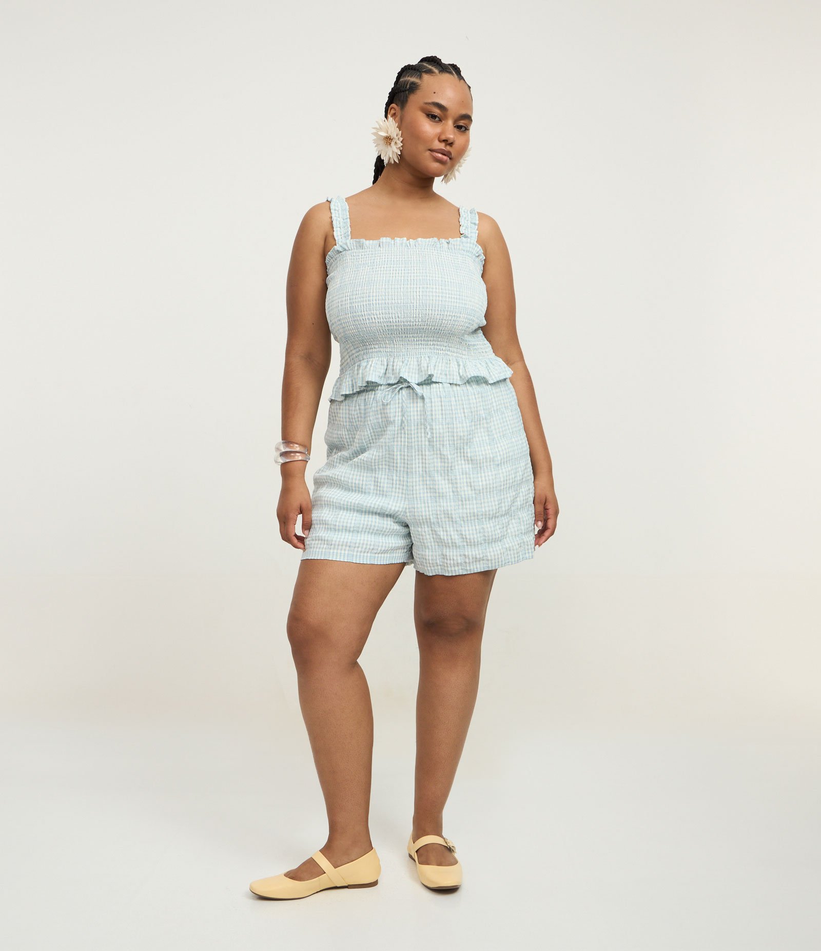 Short em Anarruga com Estampa Xadrez Vichy Curve & Plus Size Azul 1