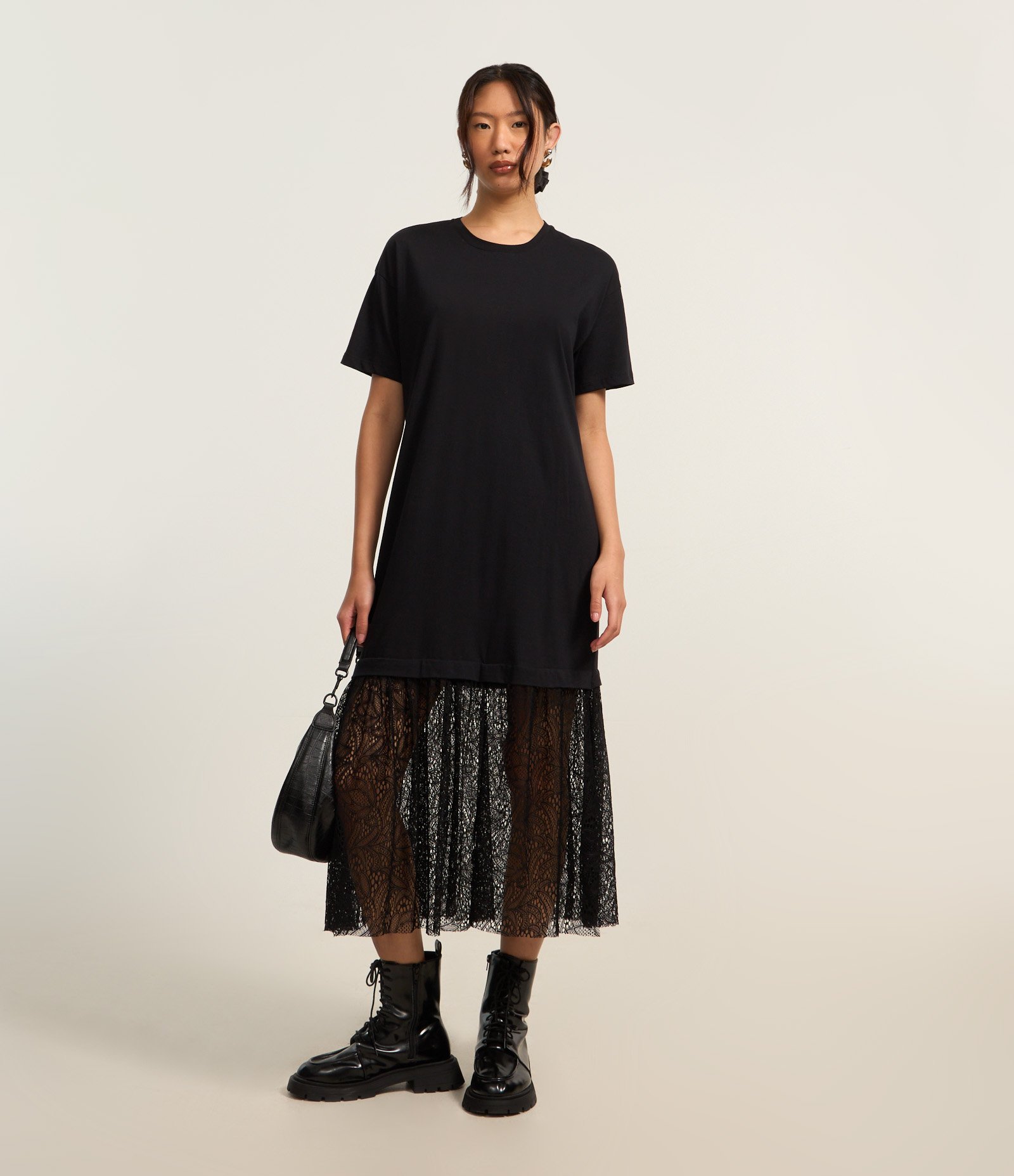 Vestido Reto New Midi em Algodão com Renda na Barra Preto 2