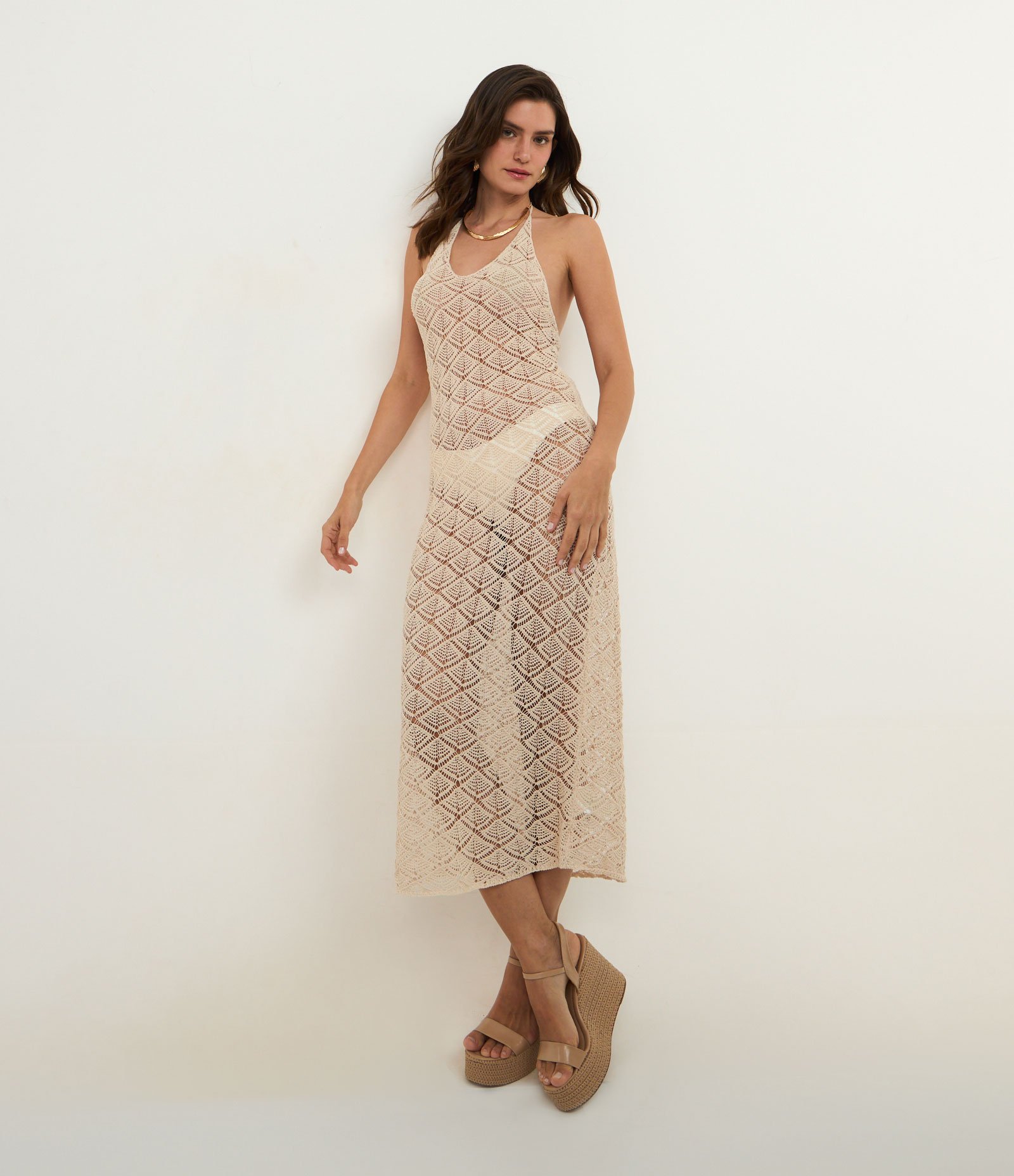 Saída de Praia Vestido Frente Única em Crochê Bege 1