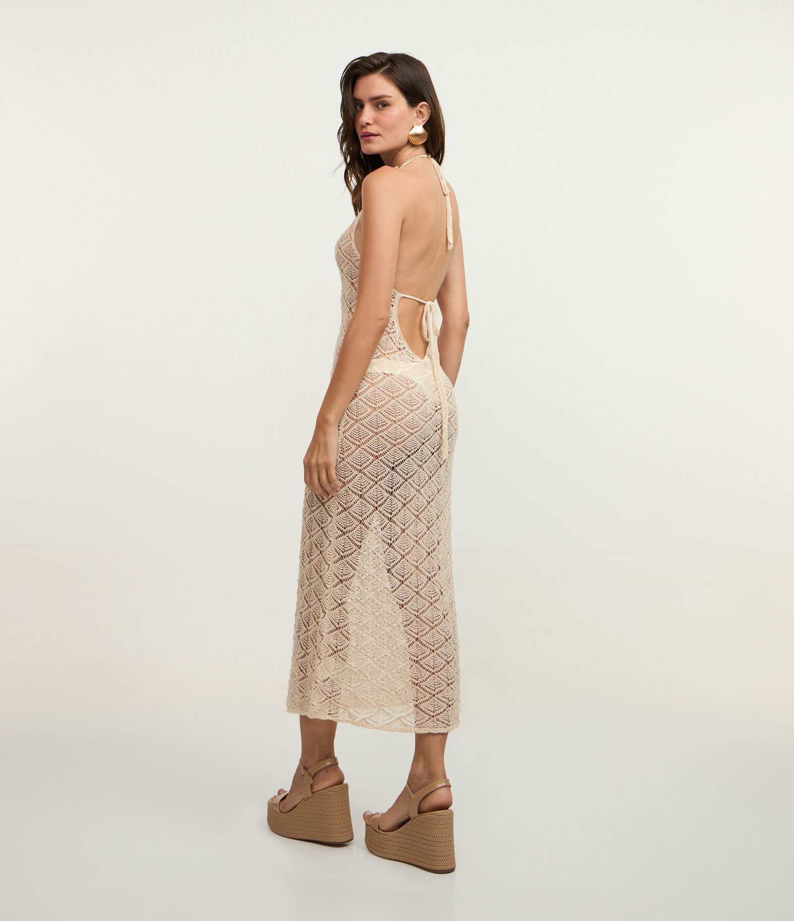 Saída de Praia Vestido Frente Única em Crochê Bege 4