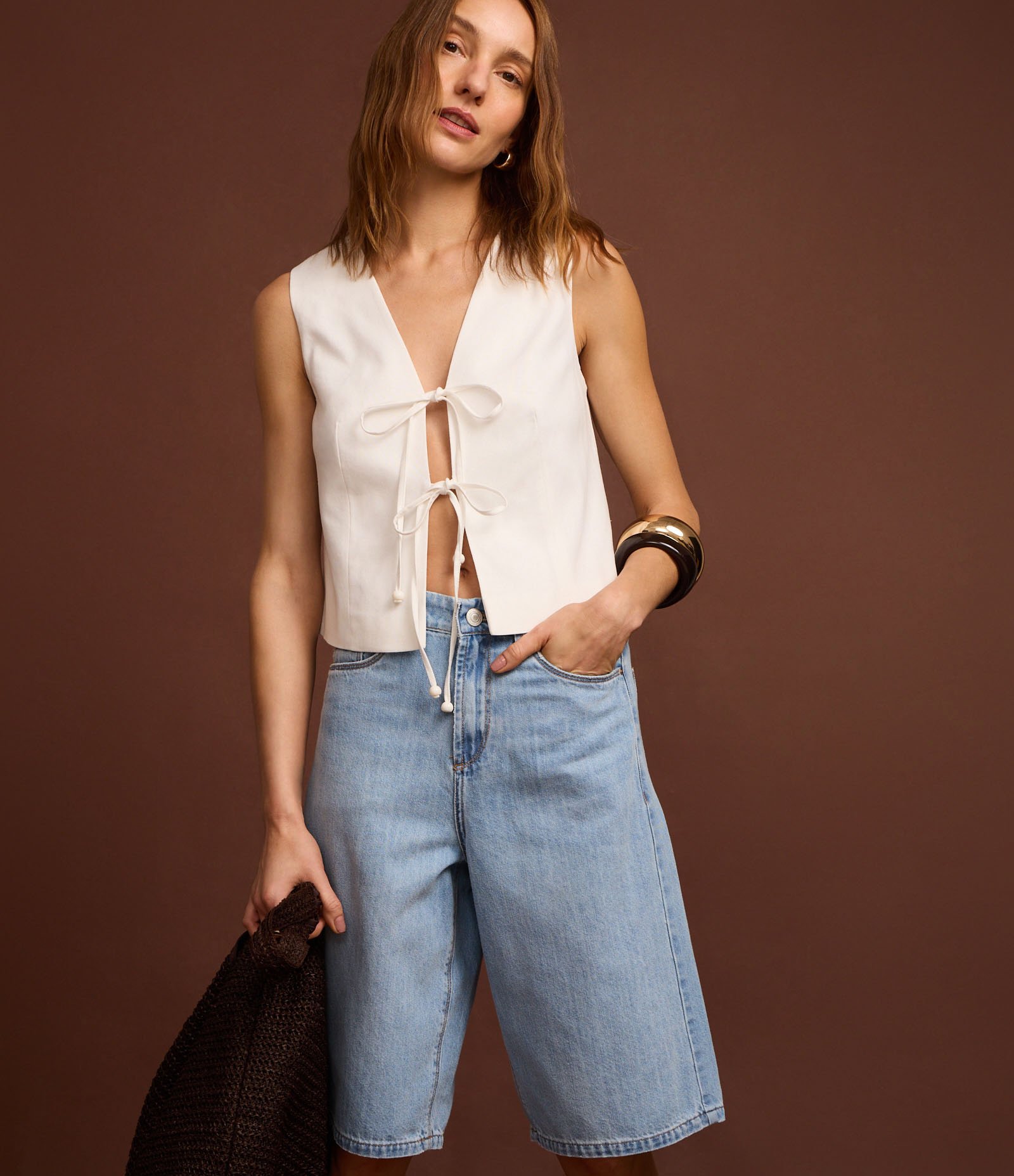 Bermuda Jorts Cintura Alta em Jeans com Bolsos Claro 5