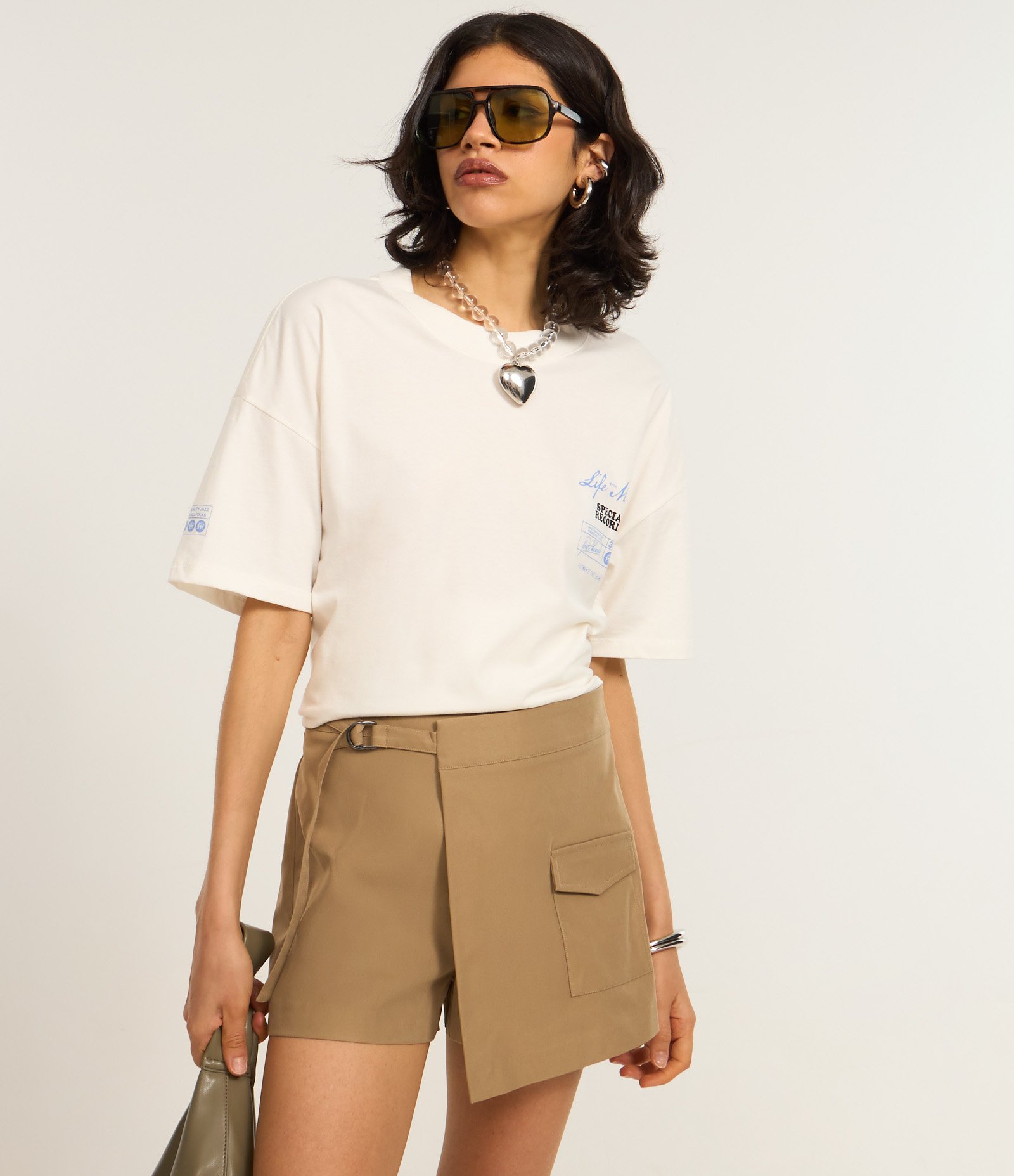 Camiseta Alongada em Algodão com Estampa Disco Branco 5