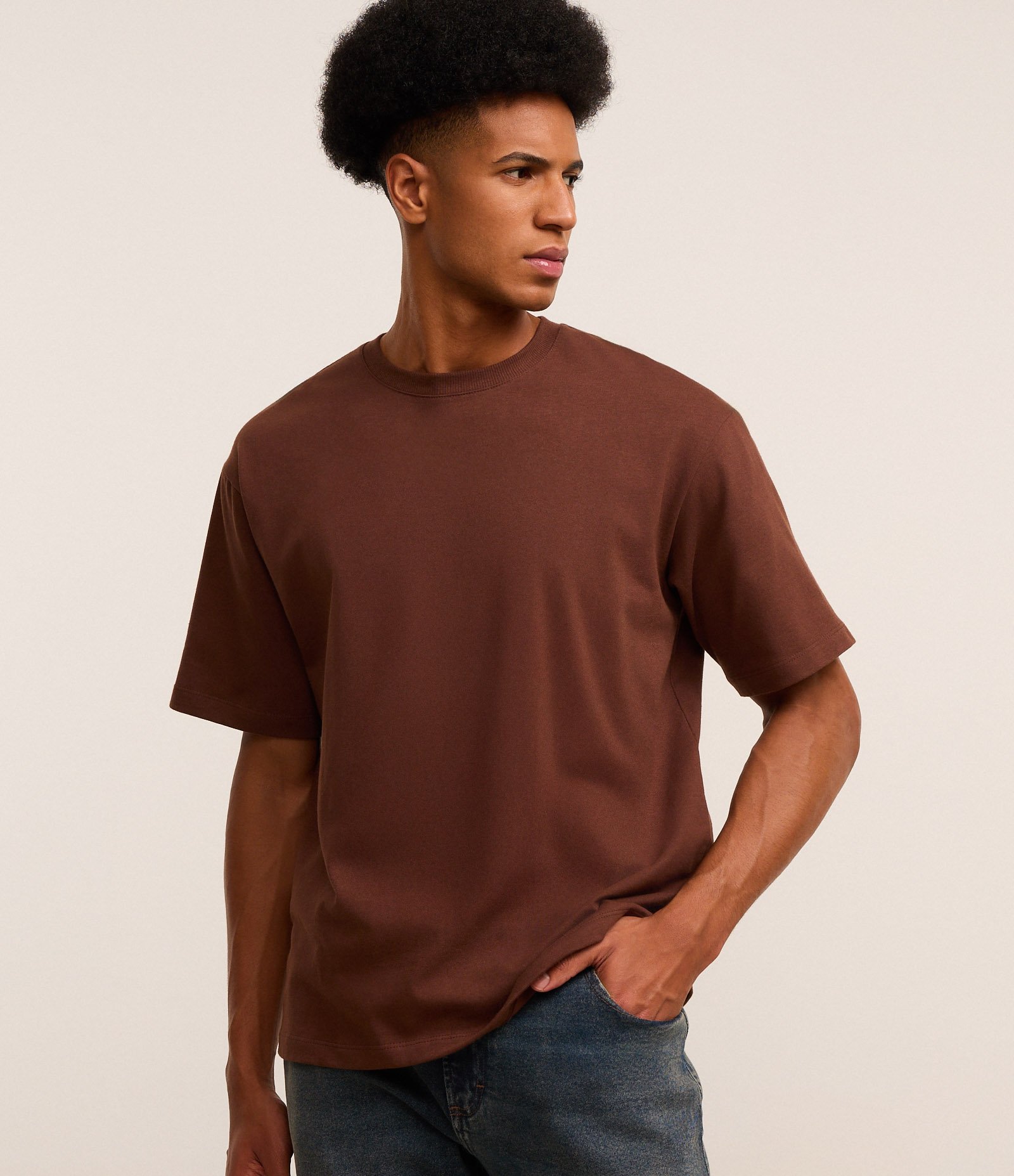 Camiseta Boxy em Ultra Cotton com Gola Redonda Marrom 1