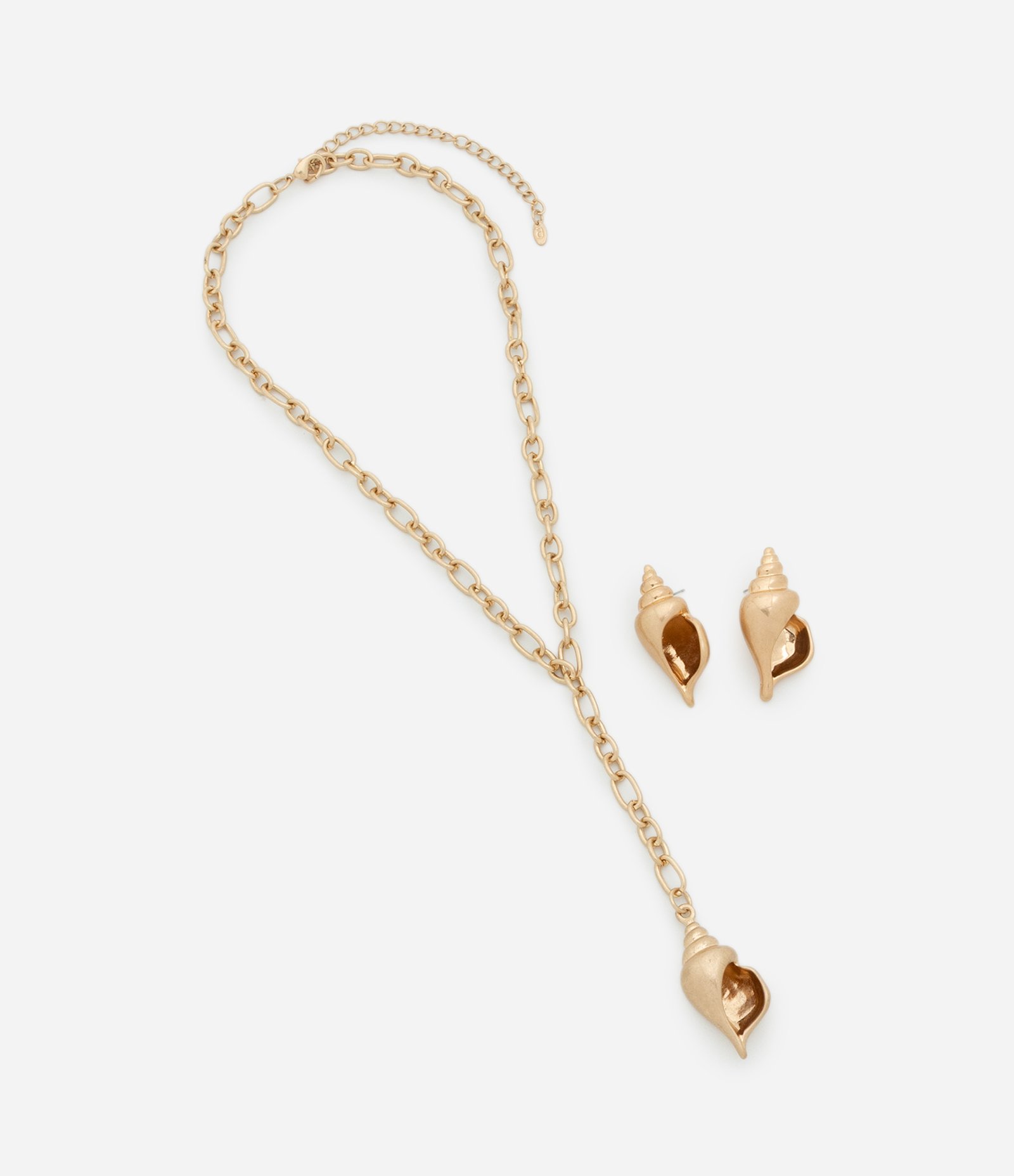 Conjunto de Colar Gravata com Pingente e Brinco Caramujo em Metal Dourado 2