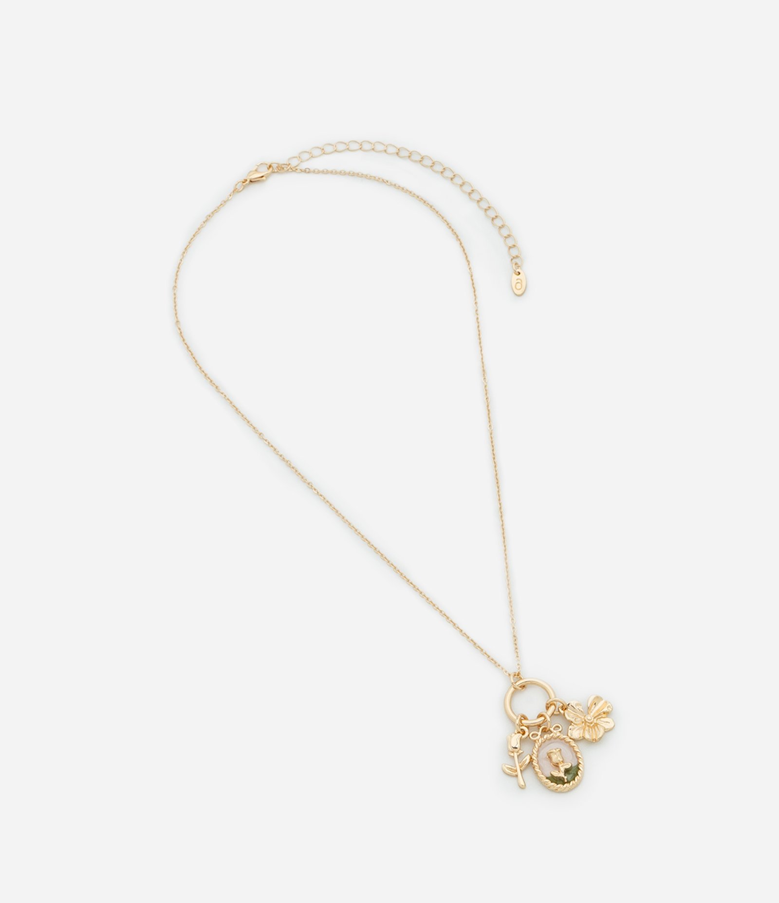 Colar Médio com Argola e Pingentes Flores Esmaltados Dourado 1