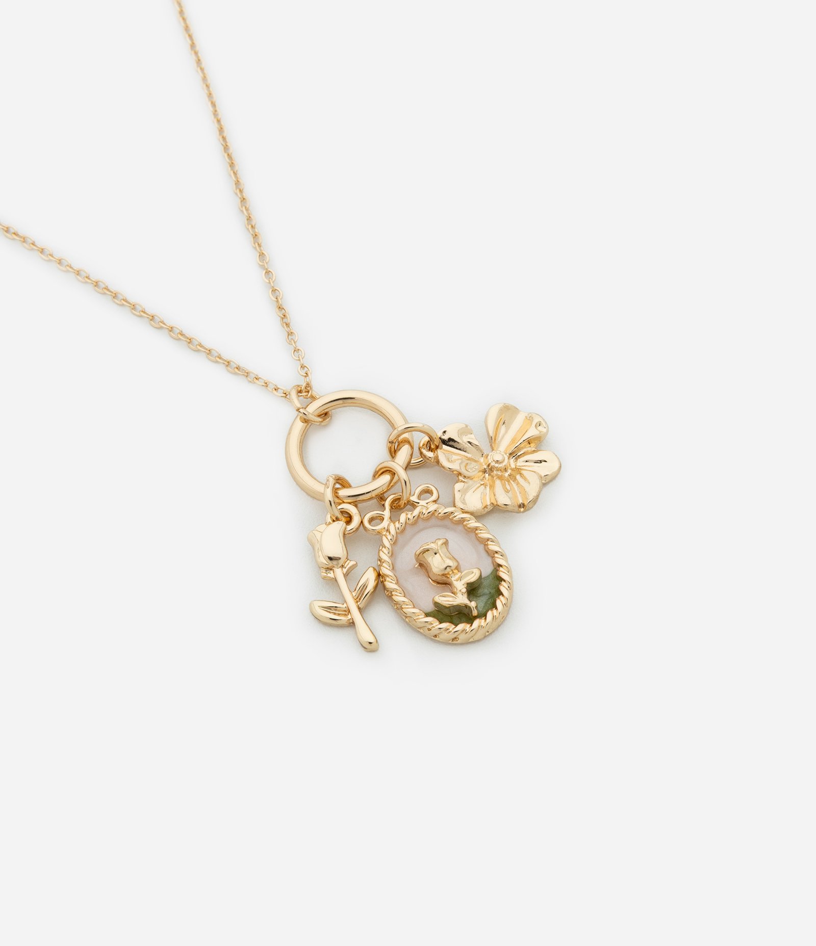 Colar Médio com Argola e Pingentes Flores Esmaltados Dourado 2