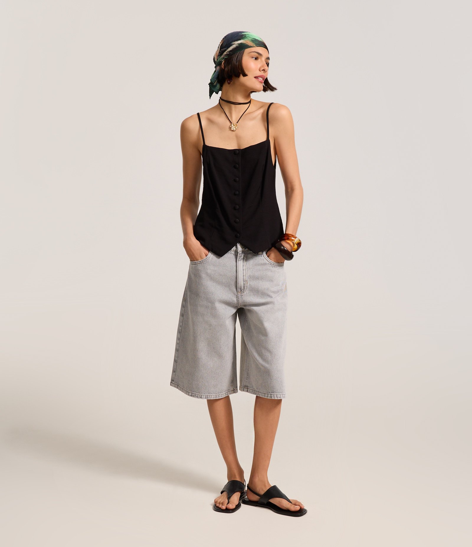 Bermuda Jorts em Jeans com Bolsos Cinza 1