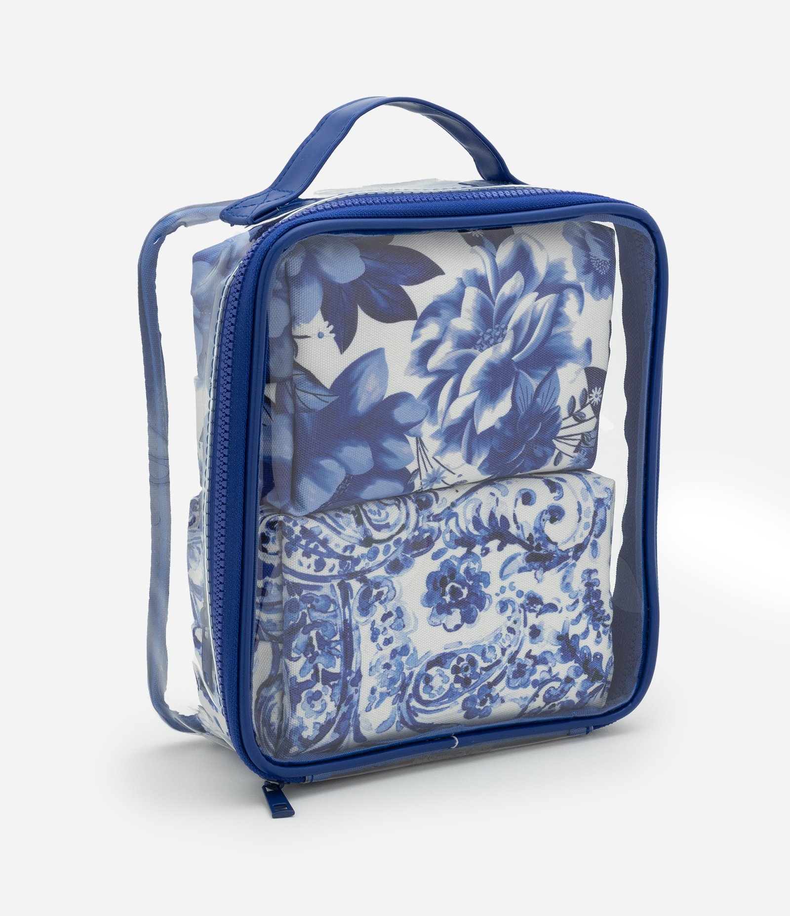 Kit 03 Nécessaires Grande e Retangulares Médias Variadas com Estampa Floral Azul 4