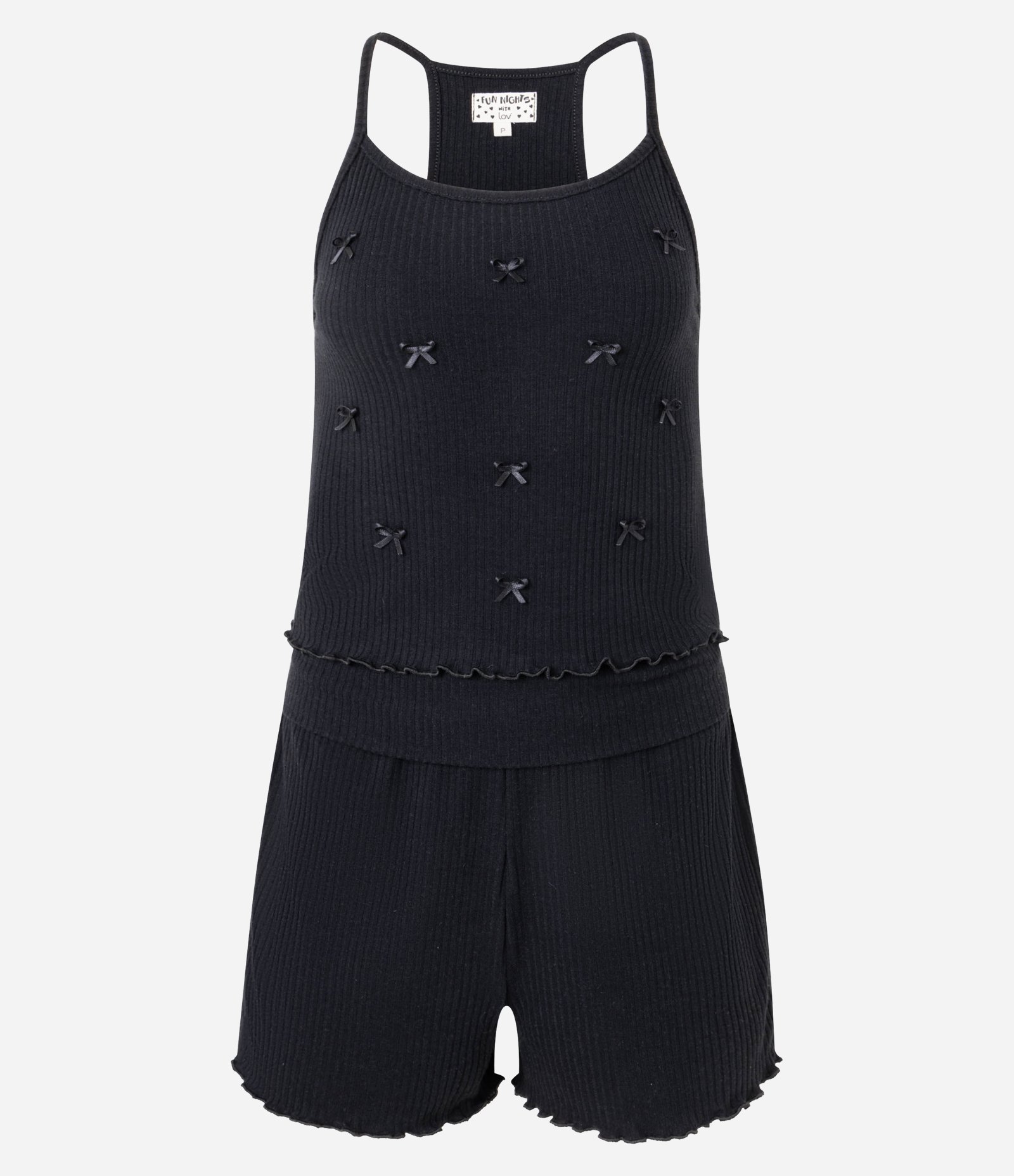 Pijama Short Doll em Ribana com Alcinha e Aplicação de Lacinhos Preto 6