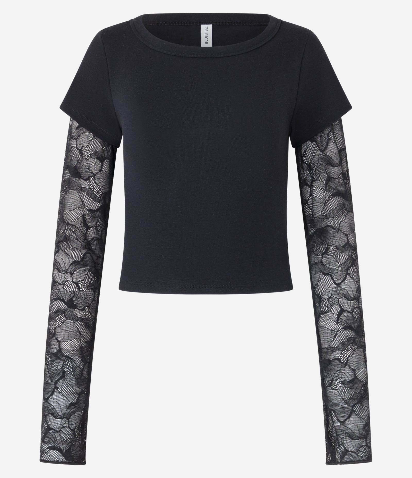Blusa em Ribana Sobreposta com Manga Longa em Renda Preto 4