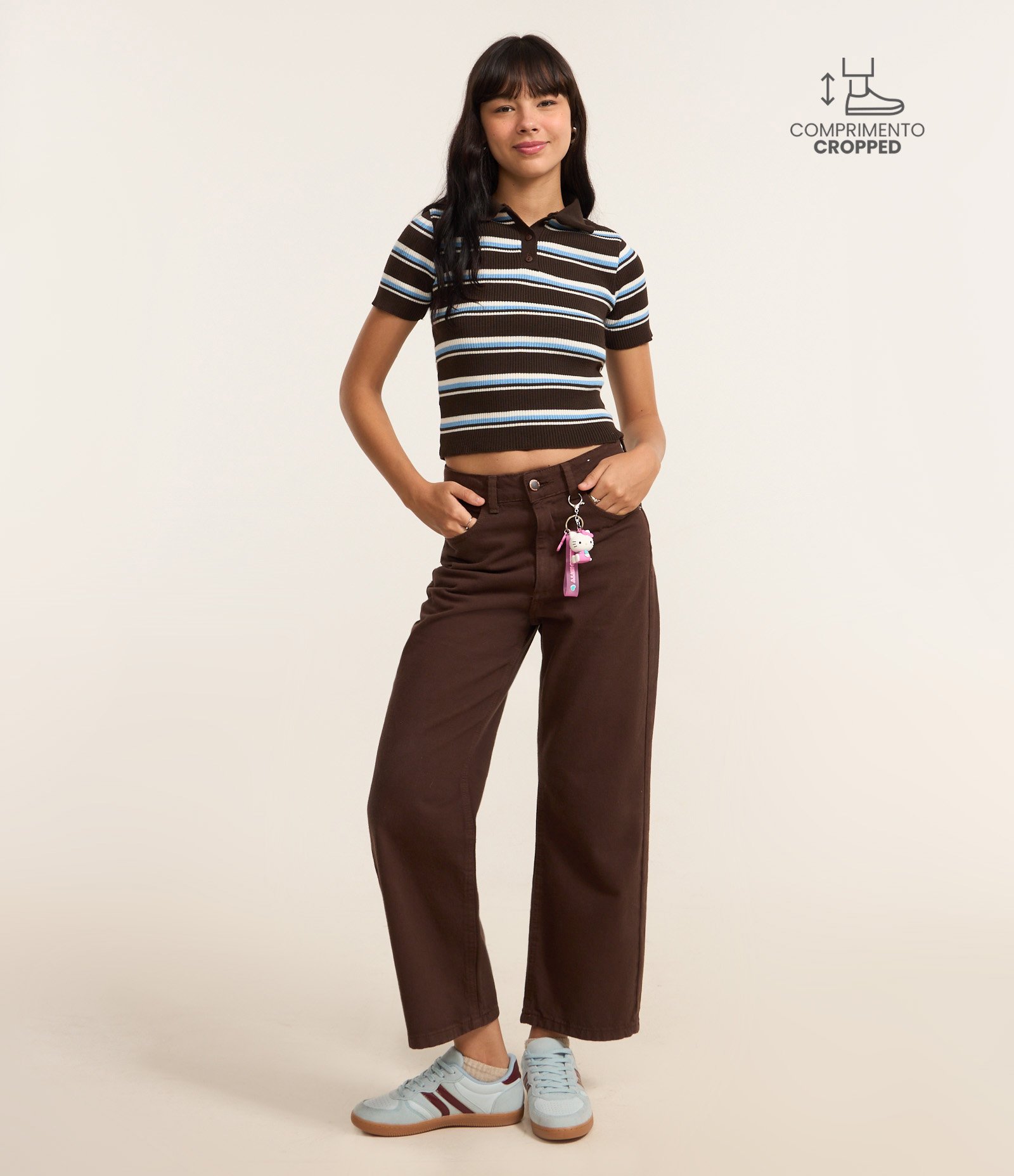 Calça Reta Cropped em Sarja com Cintura Alta Marrom Escuro 1