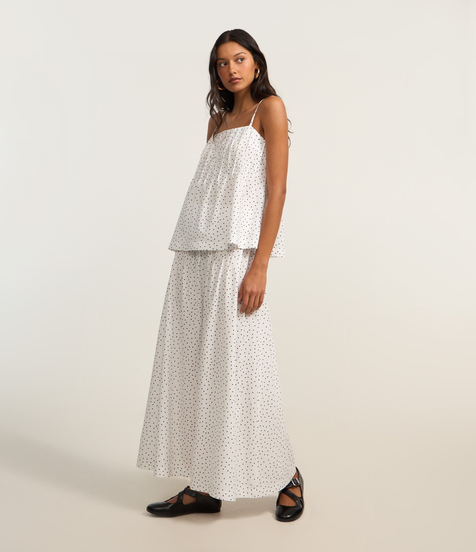 Saia Longa em Crepe Poá com Pregas e Zíper Branco 1