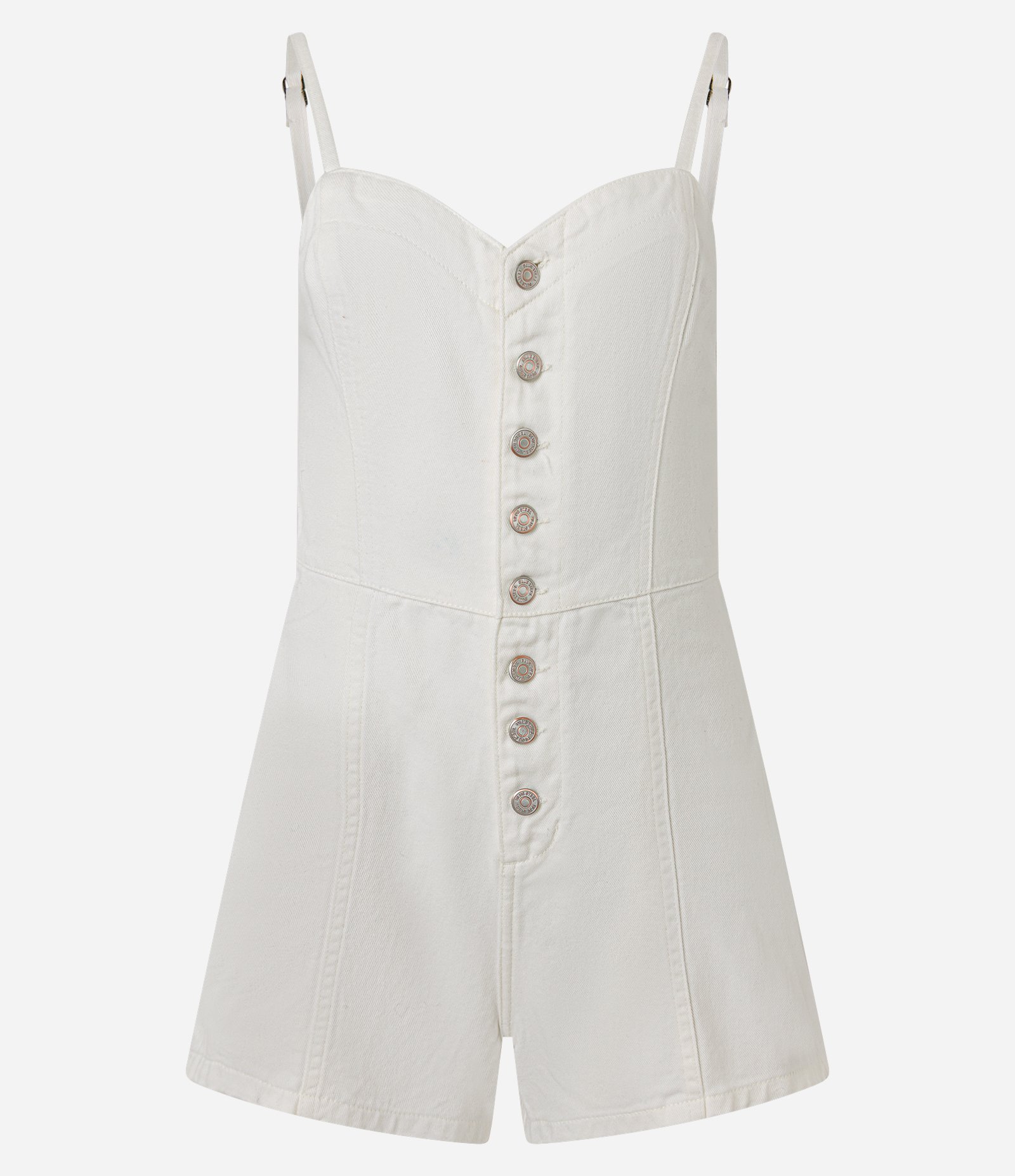 Macaquinho Curto em Sarja com Alcinha e Decote Coração Branco 4