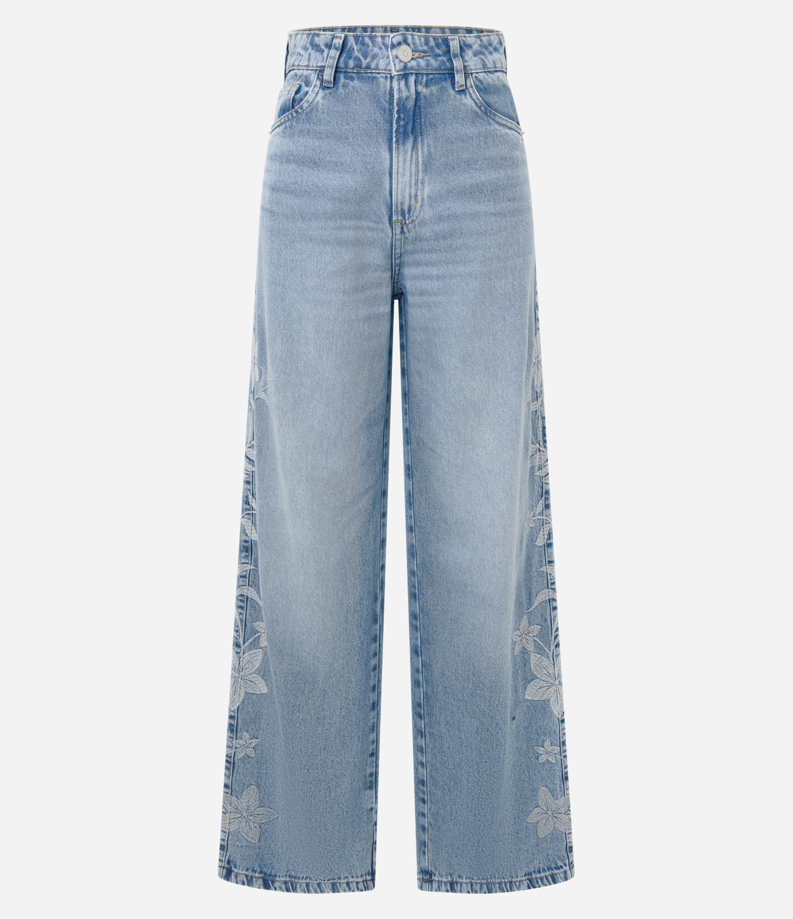 Calça Wide Leg em Jeans com Bordado Floral Lateral Azul 5