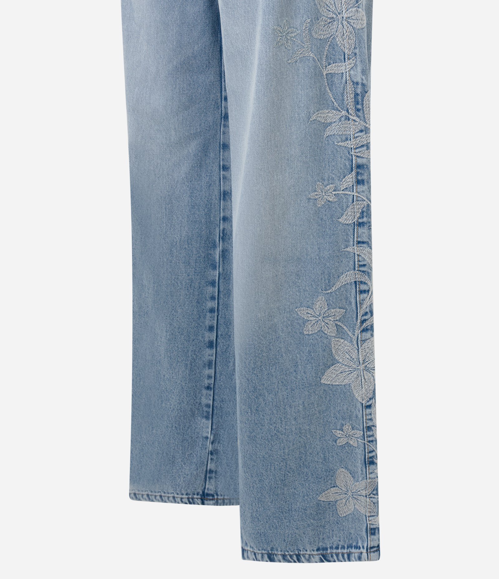 Calça Wide Leg em Jeans com Bordado Floral Lateral Azul 6