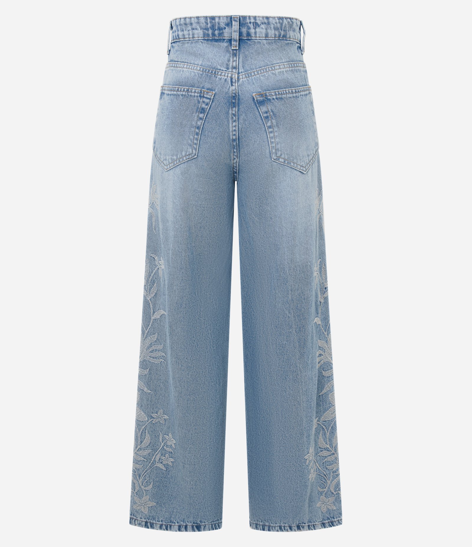 Calça Wide Leg em Jeans com Bordado Floral Lateral Azul 7