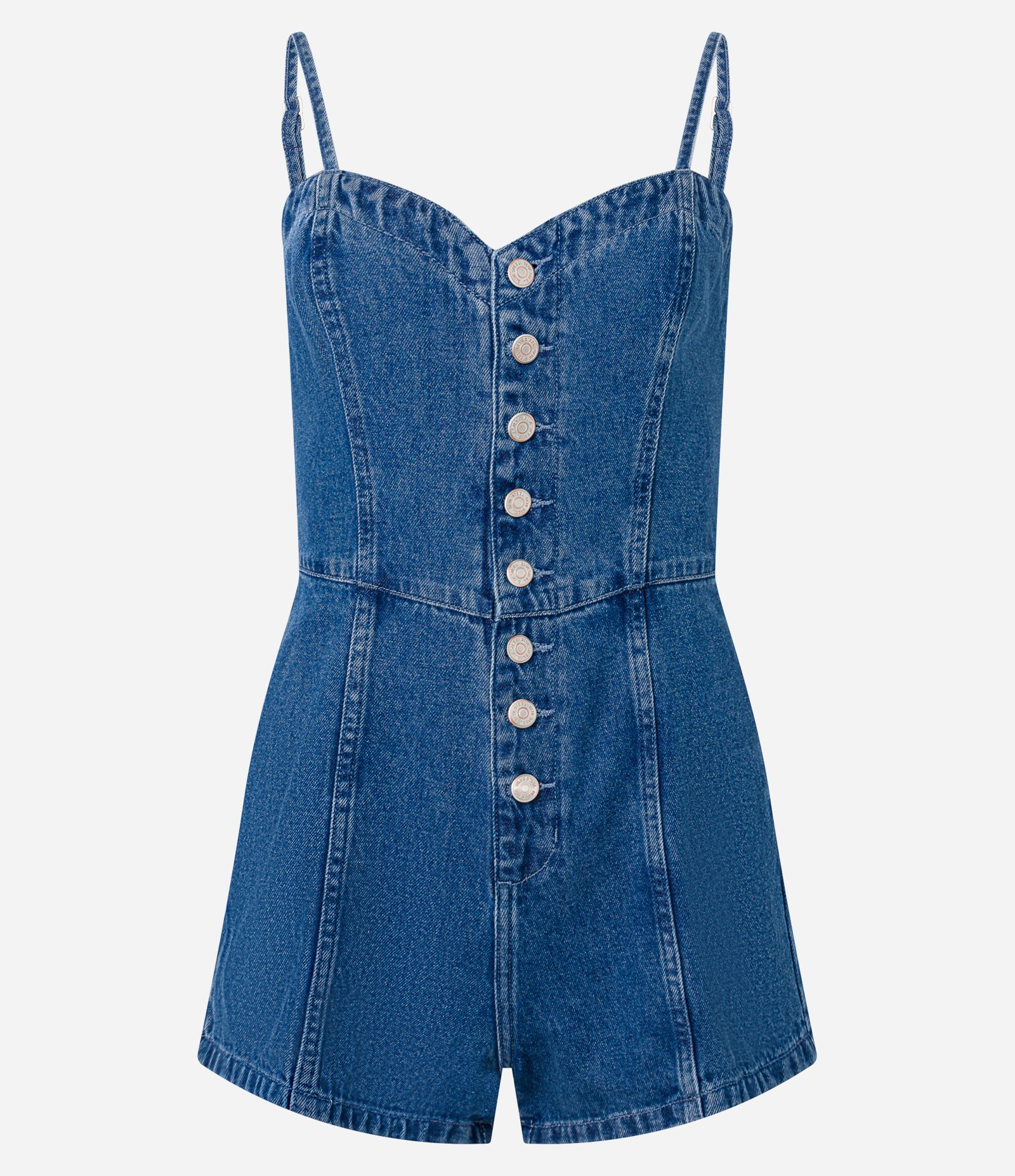 Macaquinho Curto em Jeans com Decote Coração e Botões Azul 4