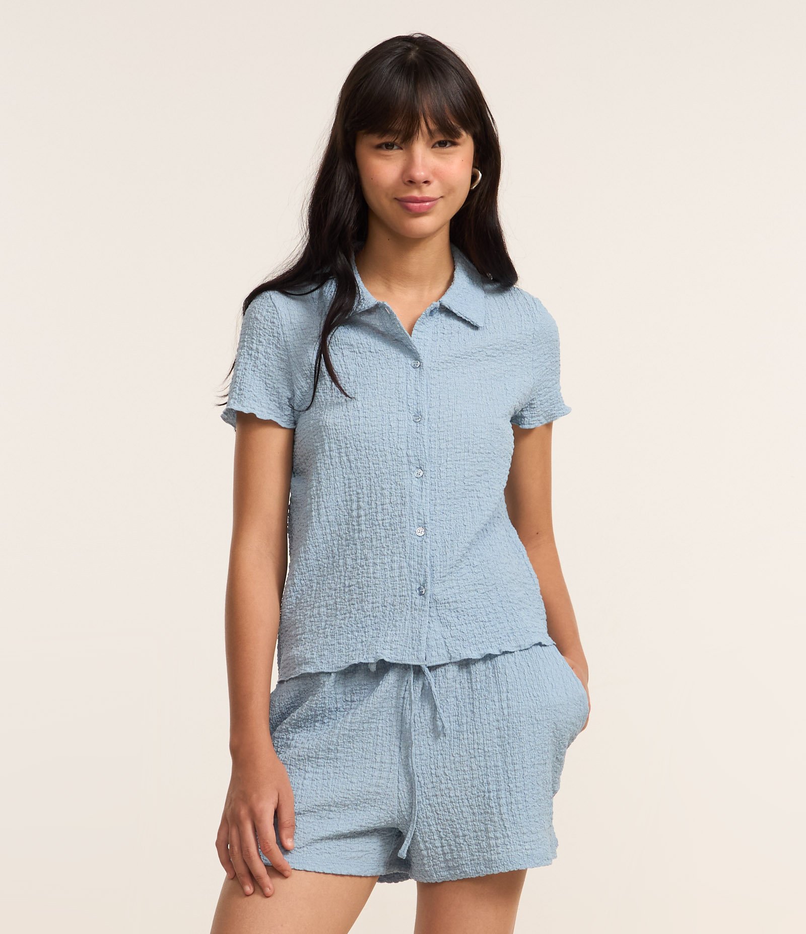 Camisa Texturizada em Cambraia com Frufru na Manga Azul 3