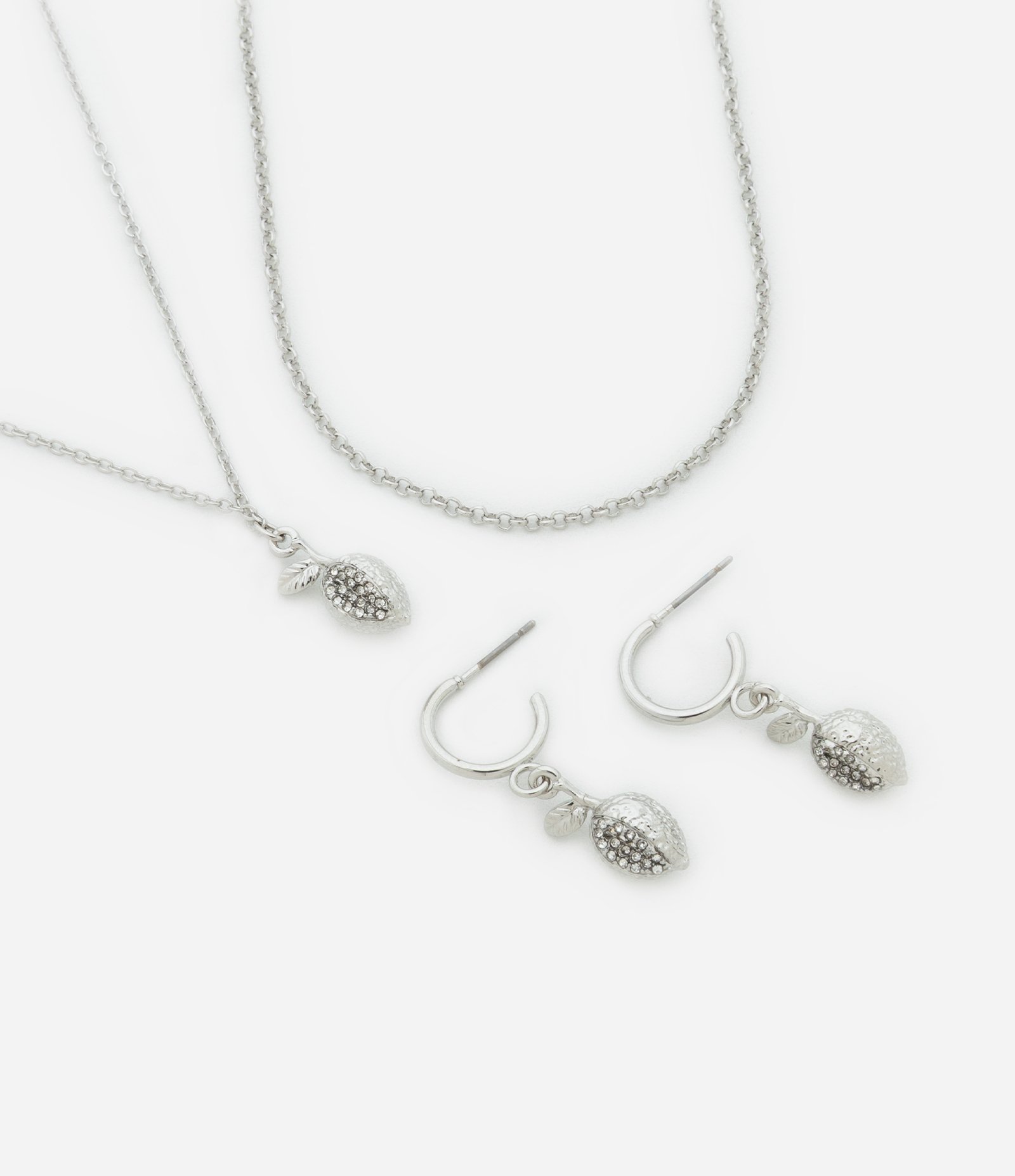 Conjunto Colar e Brinco com Corrente e Pingente Limão Prata 1