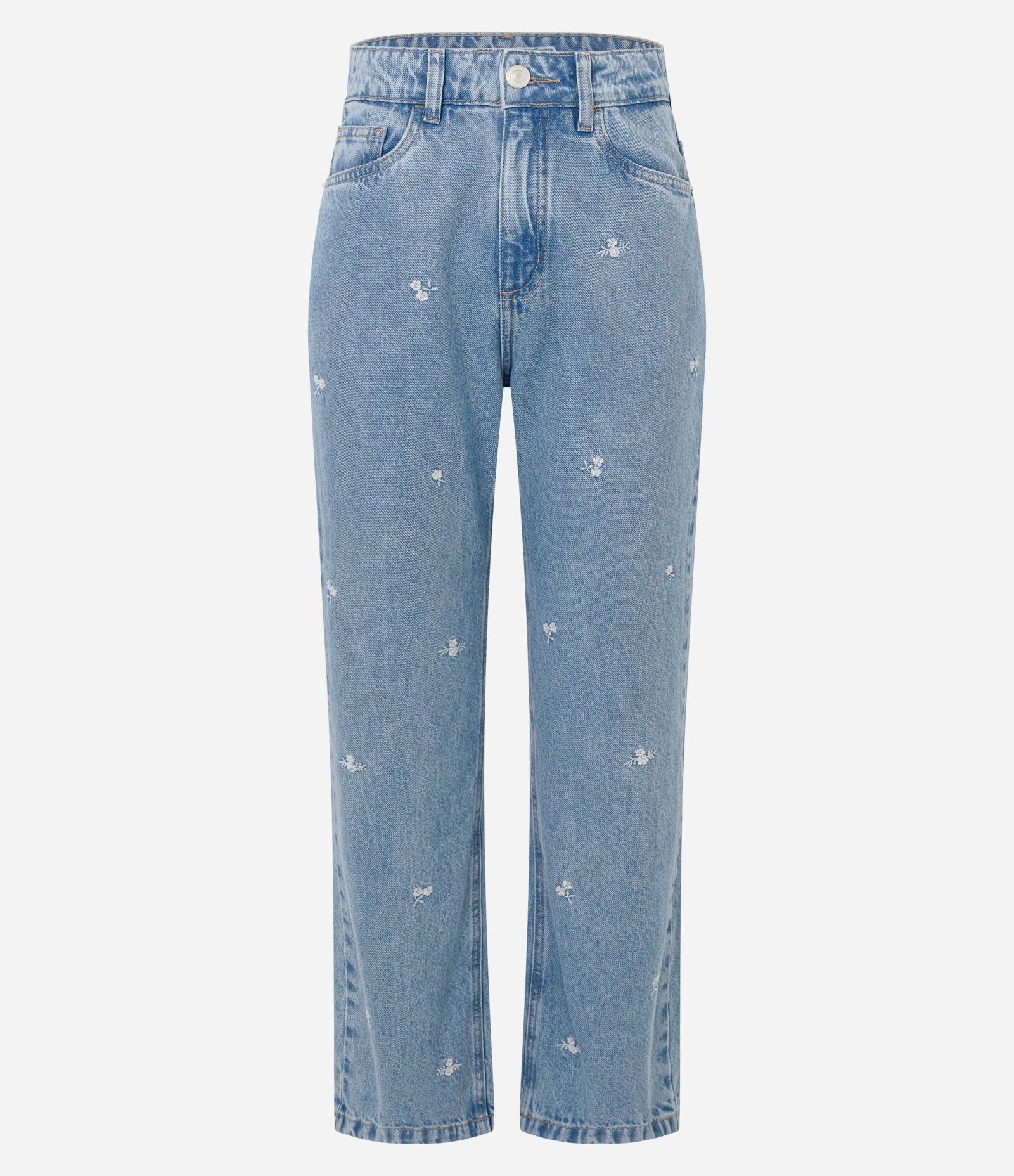 Cala Reta Cropped em Jeans com Bordados de Flores Azul 5