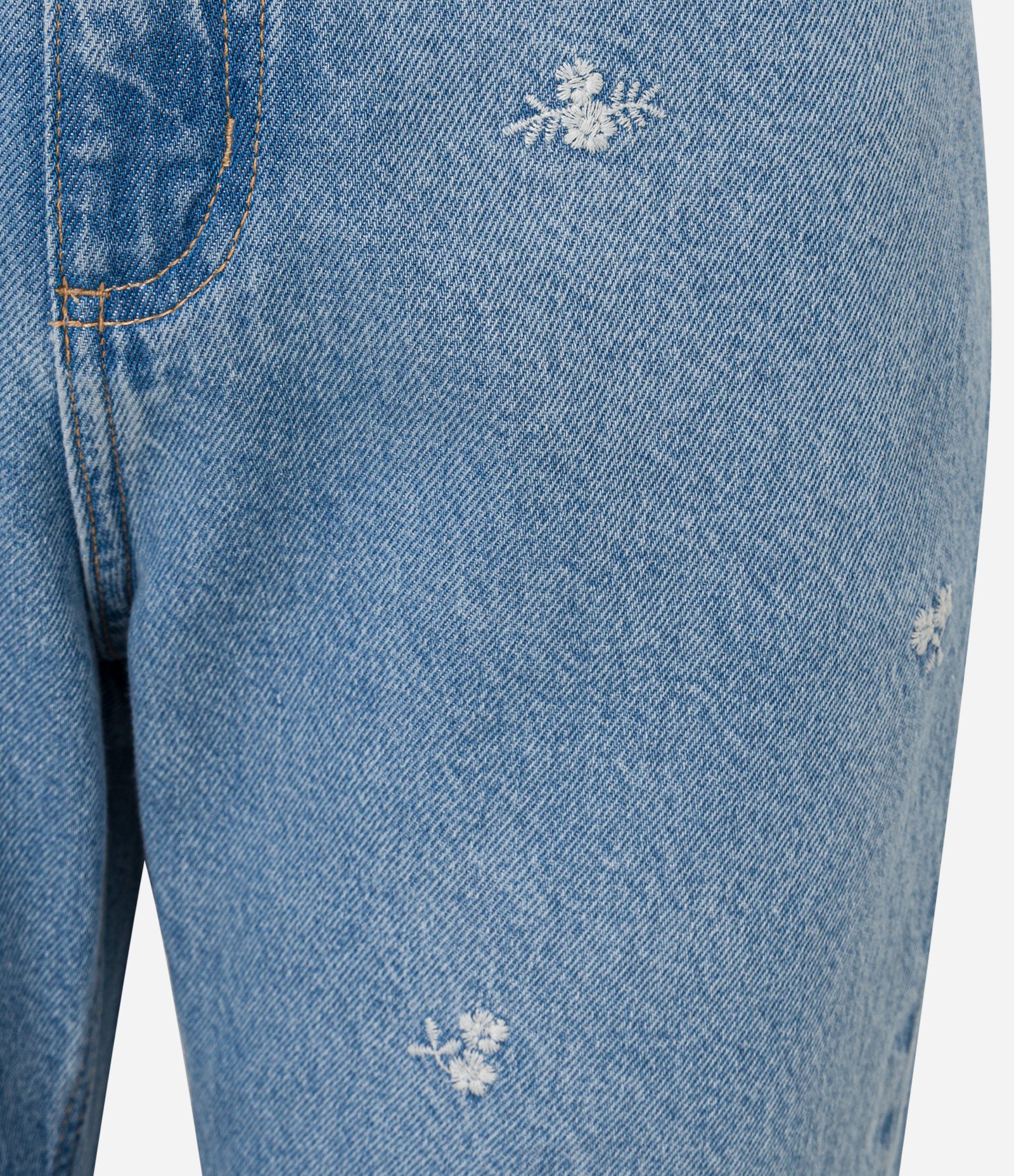 Cala Reta Cropped em Jeans com Bordados de Flores Azul 6