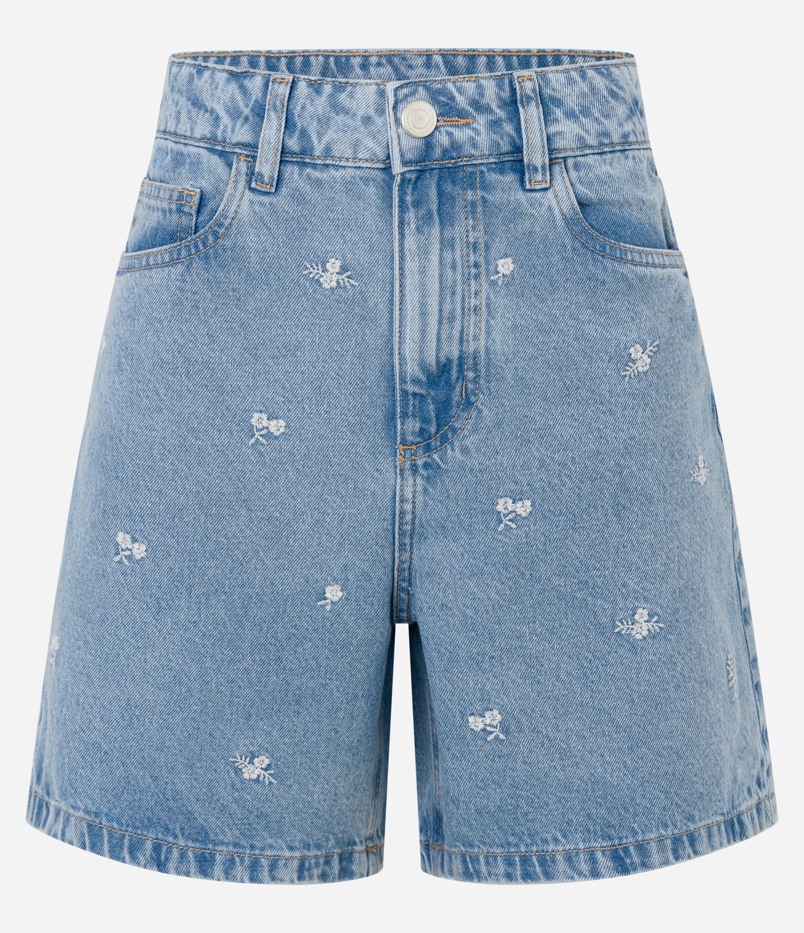 Short Cintura Alta em Jeans com Bordado Floral Claro 5