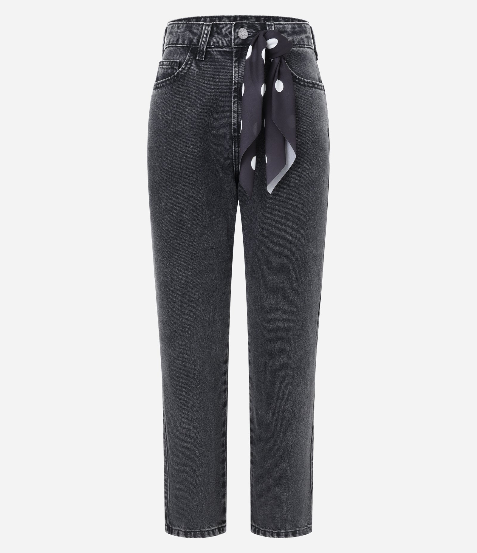Calça Mom Comfort em Jeans com Lenço Poá Preto 5