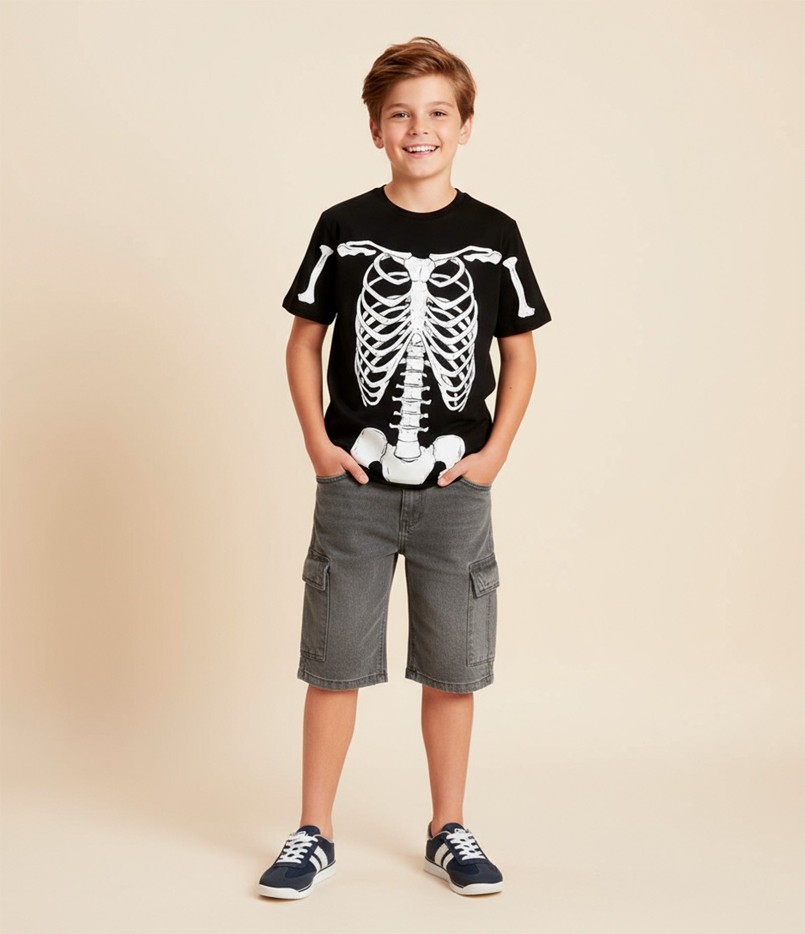 Bermuda Baggy Infantil com Bolsos Cargo - Tam 5 a 14 Anos Cinza 1