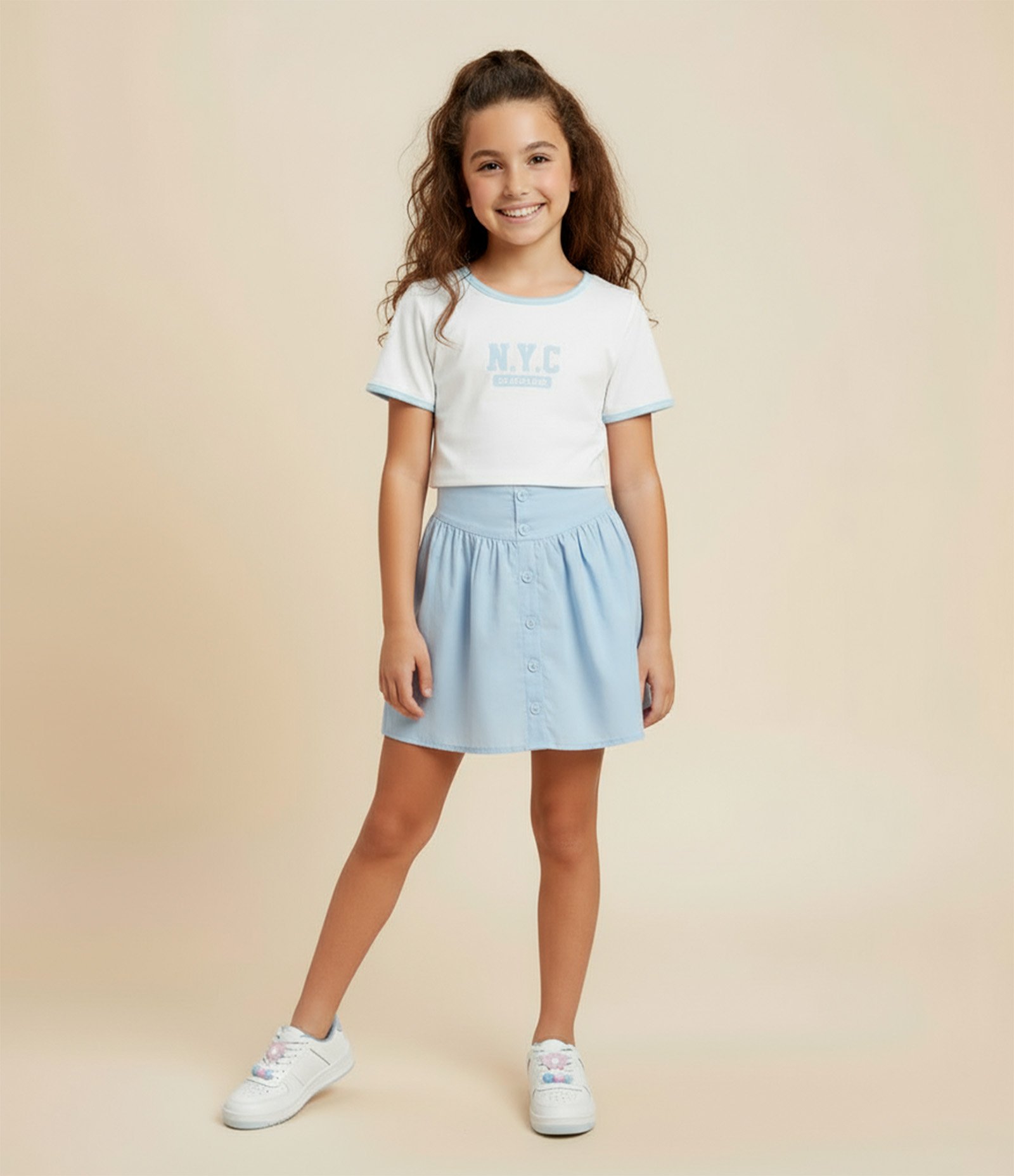 Camiseta Baby Look Infantil Estilo College com Estampa Lettering N.Y.C - Tam 5 a 14 Anos Branco 1